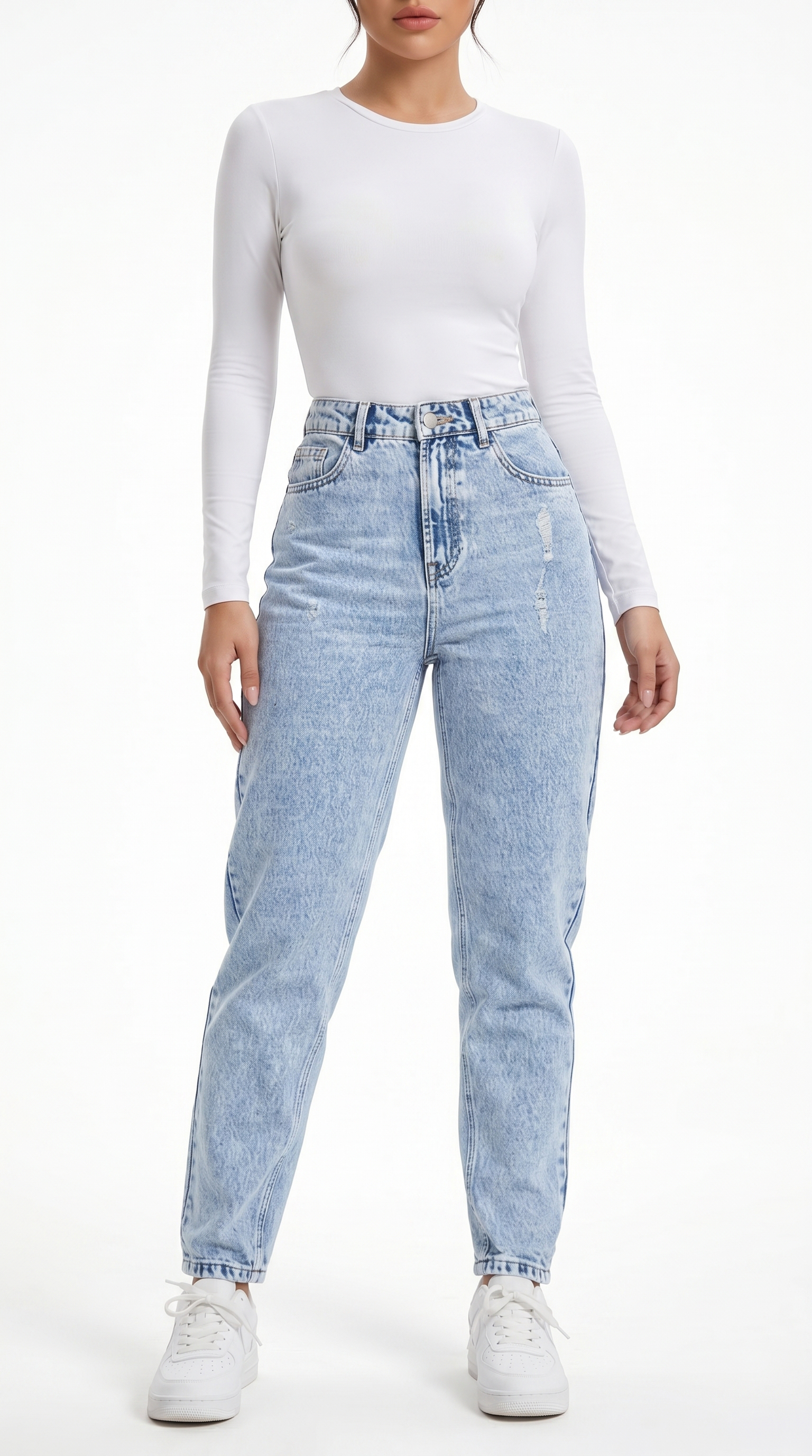 Person wearing light blue jeans and a white long-sleeve top on a white background, Slim sexy jeans from Meleche Fashion USA or Meléche (short as (Mé))
