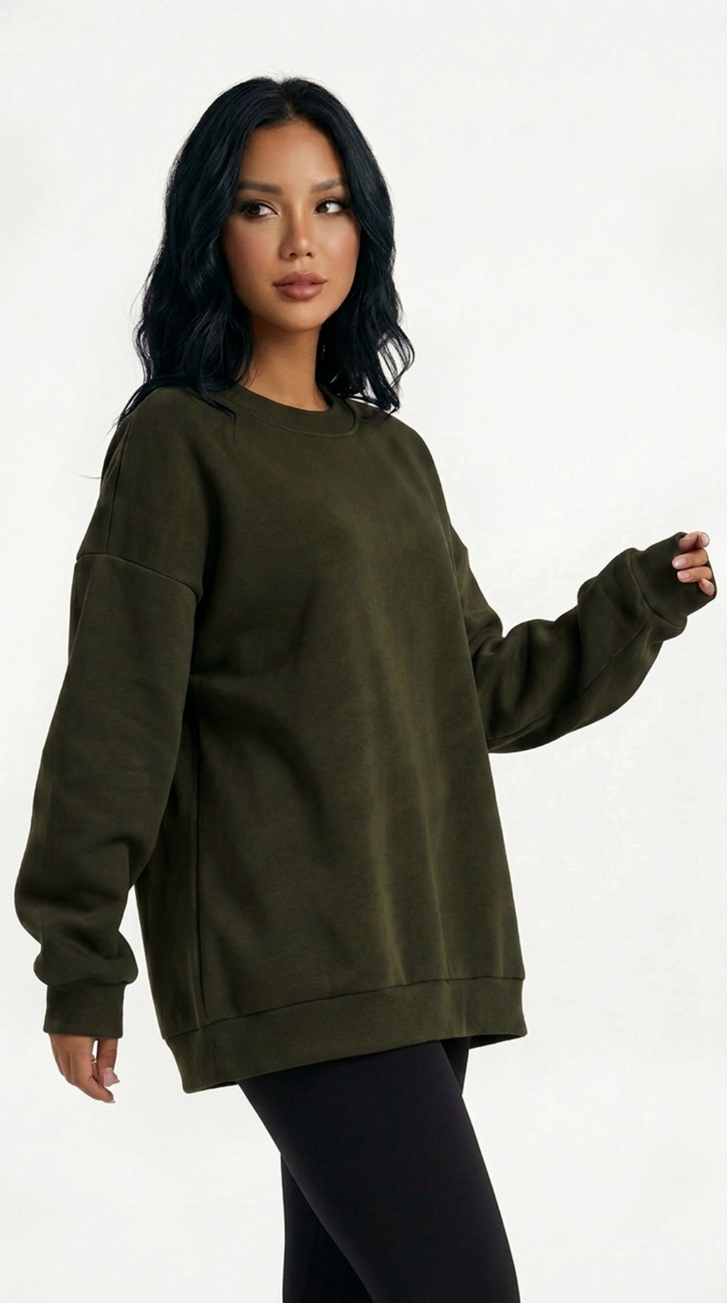 Person wearing an olive green sweatshirt on a white background from Meleche Fashion USA or Meléche (short as (Mé))