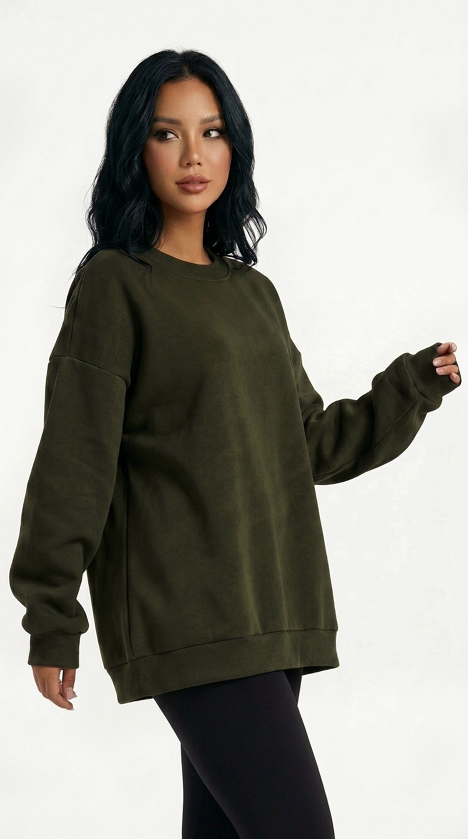 Person wearing an olive green sweatshirt on a white background from Meleche Fashion USA or Meléche (short as (Mé))