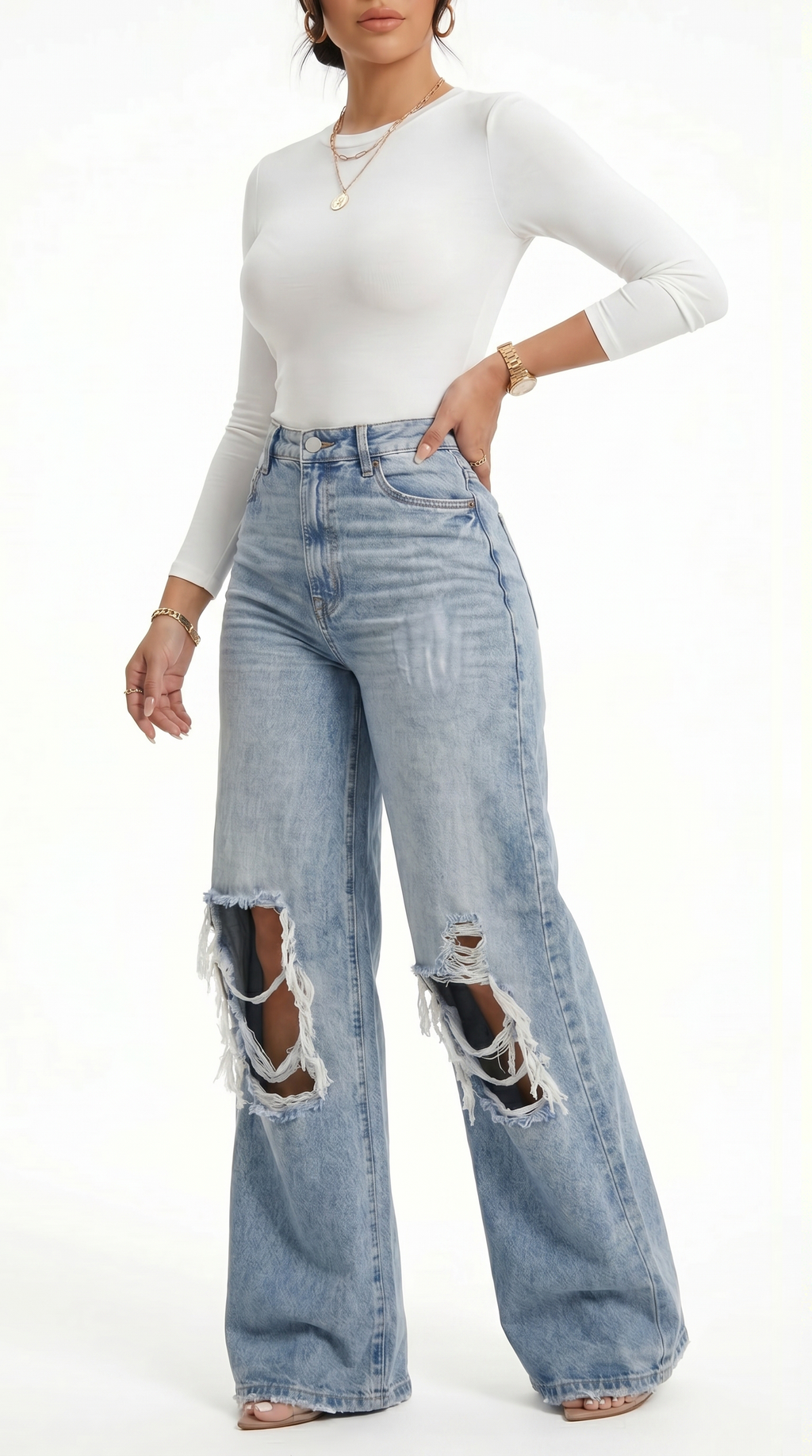 Person wearing a white long-sleeve top and distressed blue jeans on a white background, Wide-leg jeans from Meleche Fashion USA or Meléche (short as (Mé))