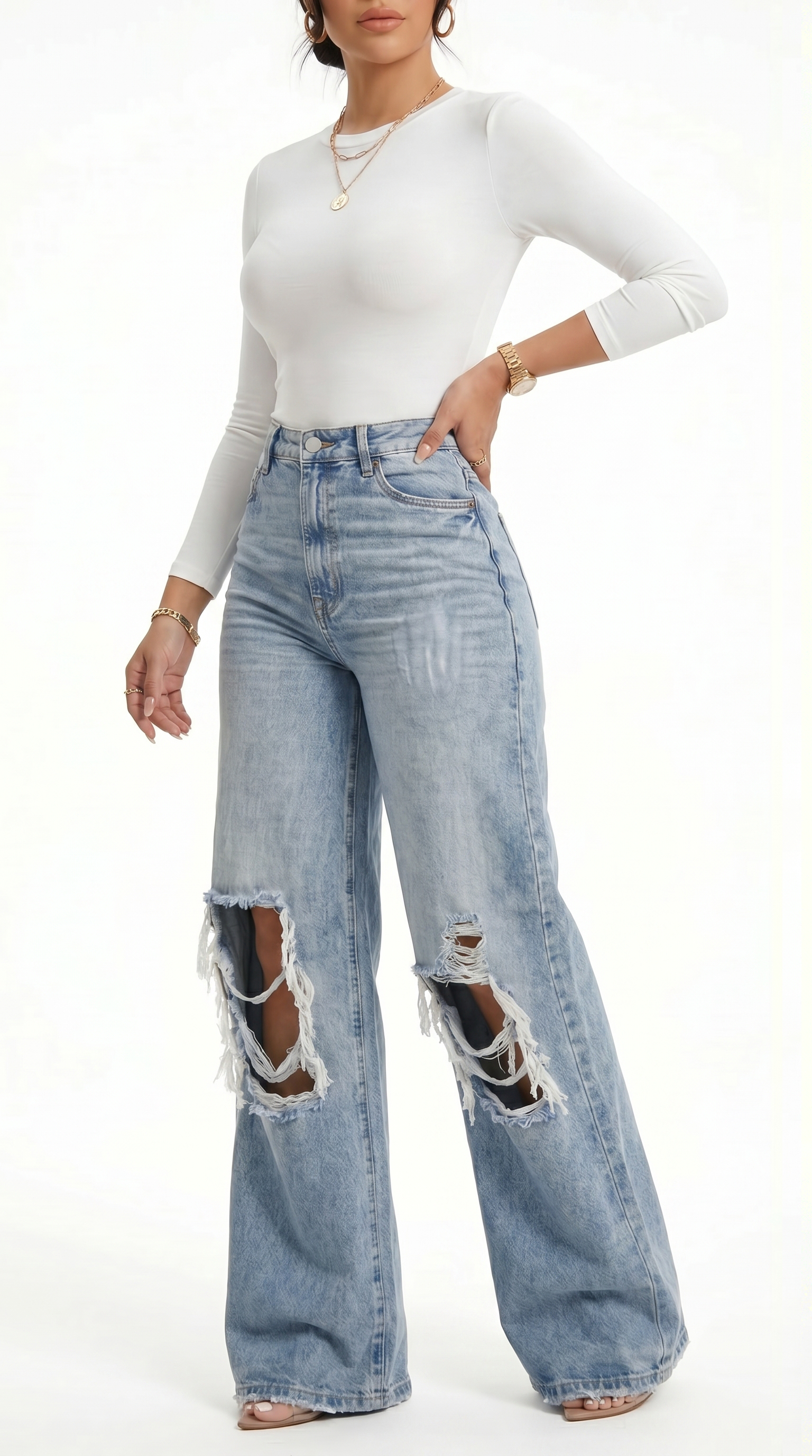 Person wearing a white long-sleeve top and distressed blue jeans on a white background, Wide-leg jeans from Meleche Fashion USA or Meléche (short as (Mé))