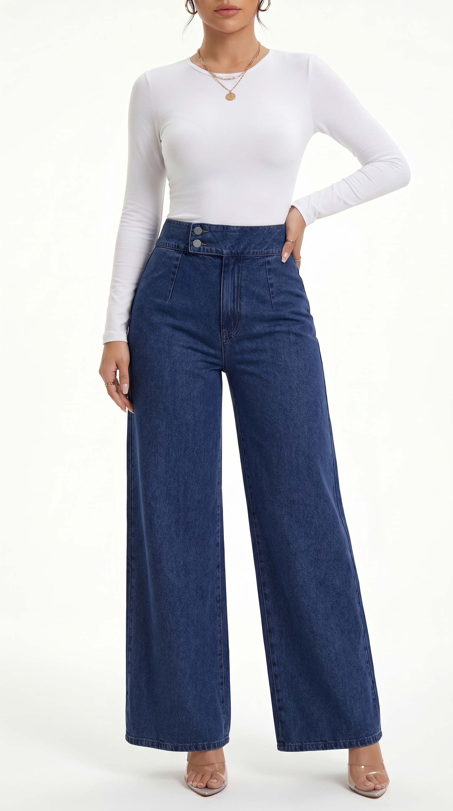 Person wearing a white long-sleeve top and blue wide-leg jeans on a white background, Straight Leg jeans from Meleche Fashion USA or Meléche (short as (Mé))