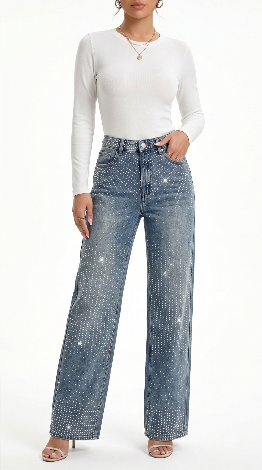 Woman wearing white long-sleeve top and blue jeans with rhinestone embellishments on a white background, Wide-leg jeans from Meleche Fashion USA or Meléche (short as (Mé))