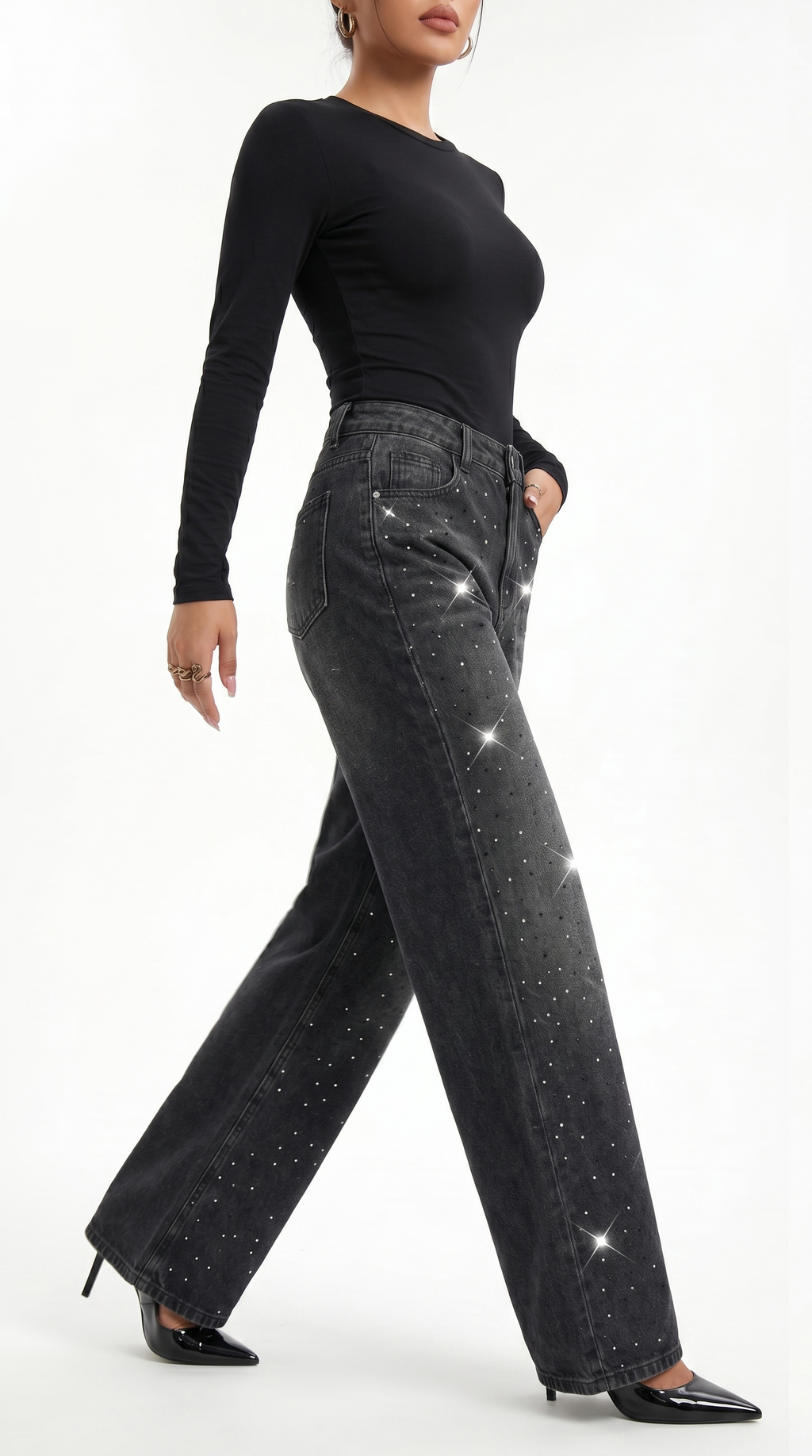 Person wearing black long-sleeve top and sparkly black pants on a white background, Wide-leg jeans from Meleche Fashion USA or Meléche (short as (Mé))
