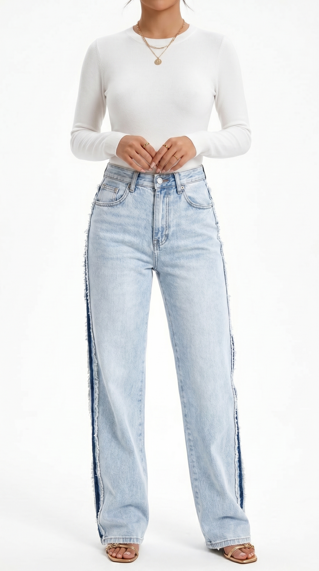 Light blue jeans worn by a person on a white background, Straight-leg jeans from Meleche Fashion USA or Meléche (short as (Mé))