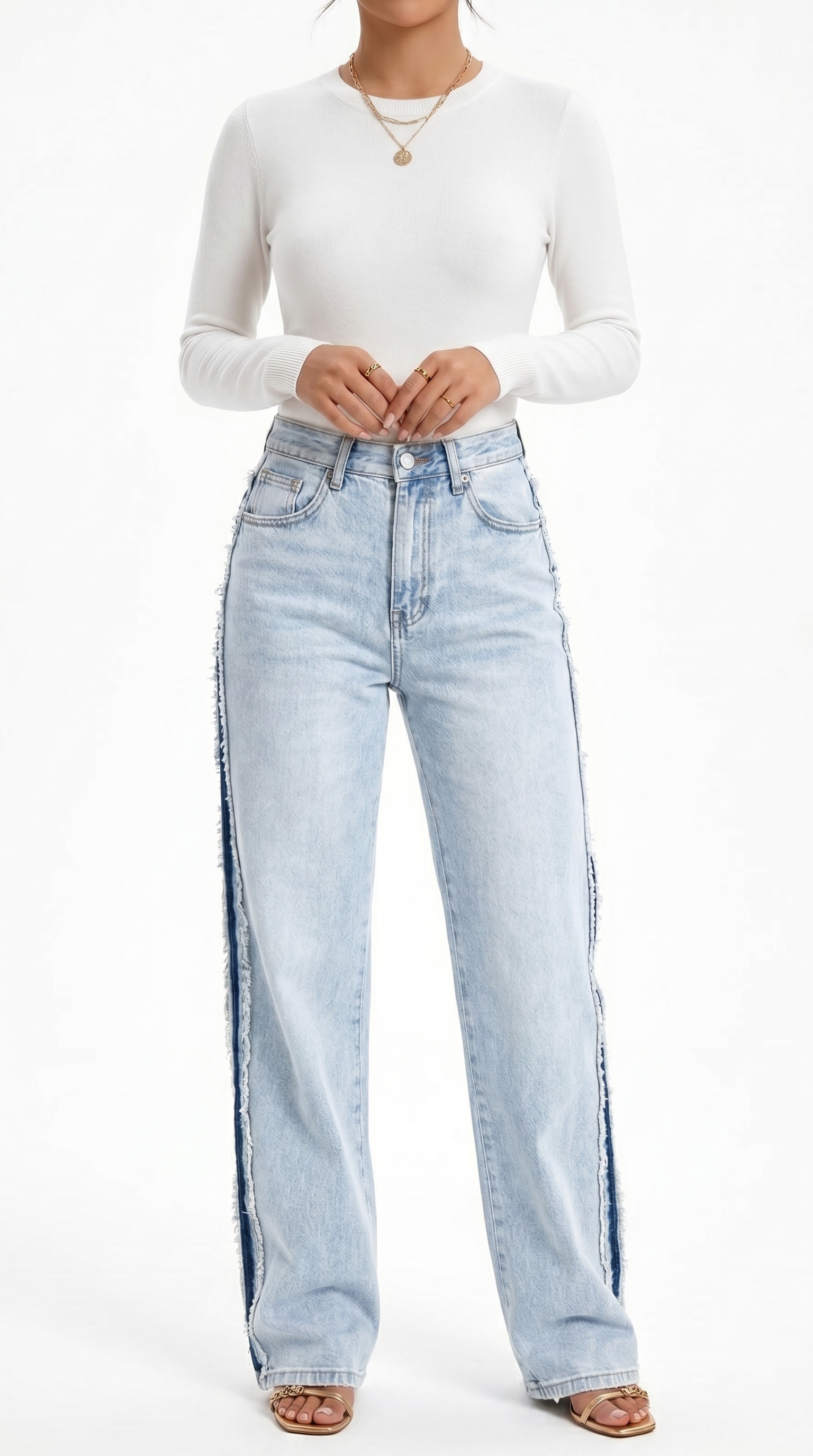 Light blue jeans worn by a person on a white background, Straight-leg jeans from Meleche Fashion USA or Meléche (short as (Mé))