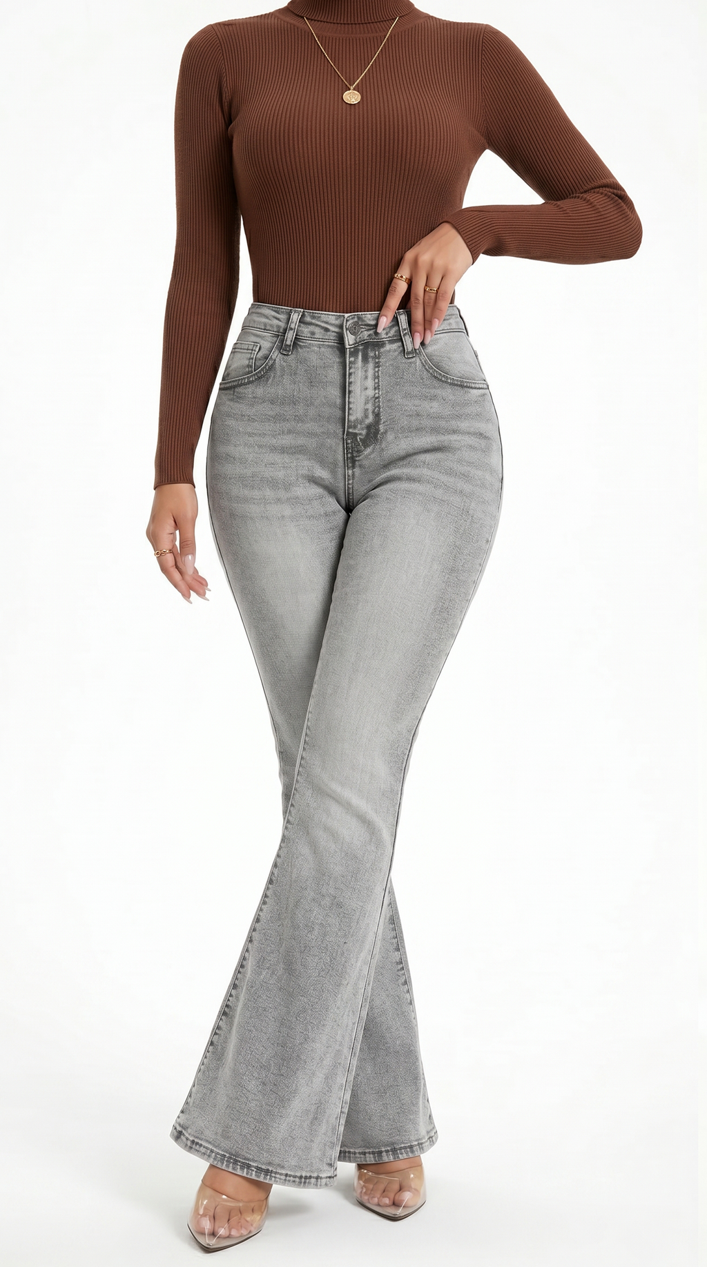 Person wearing a brown ribbed long-sleeve top and gray flared jeans on a white background, Slim flares jeans from Meleche Fashion USA or Meléche (short as (Mé))