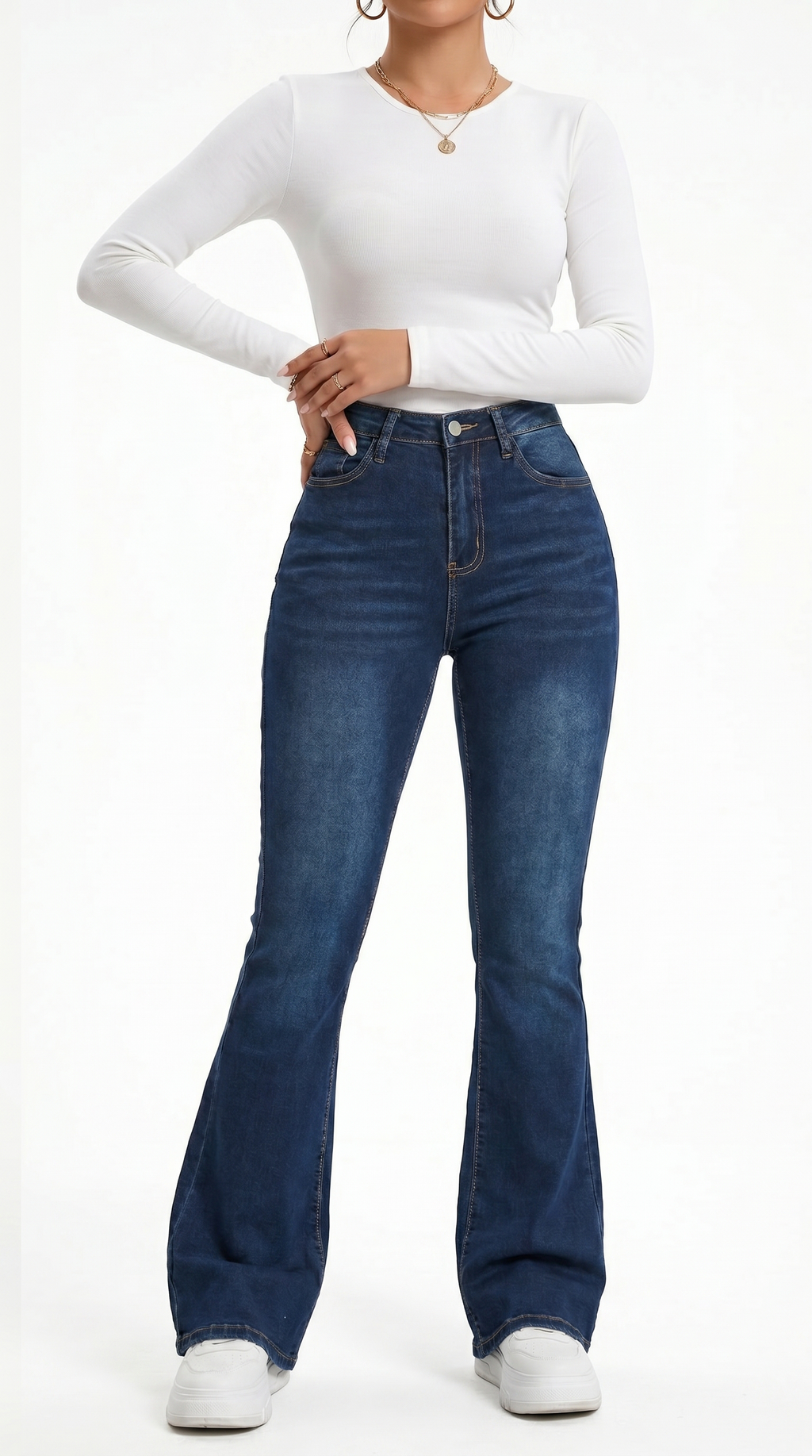 Person wearing blue jeans and a white long-sleeve shirt on a white background, Slim flares jeans from Meleche Fashion USA or Meléche (short as (Mé))