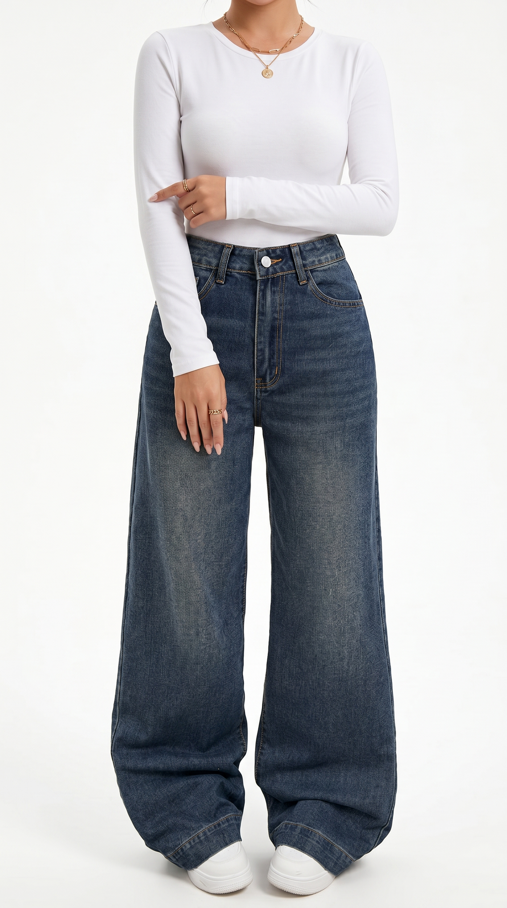 Person wearing a white long-sleeve top and blue wide-leg jeans on a white background, wide jeans from Meleche Fashion USA or Meléche (short as (Mé))