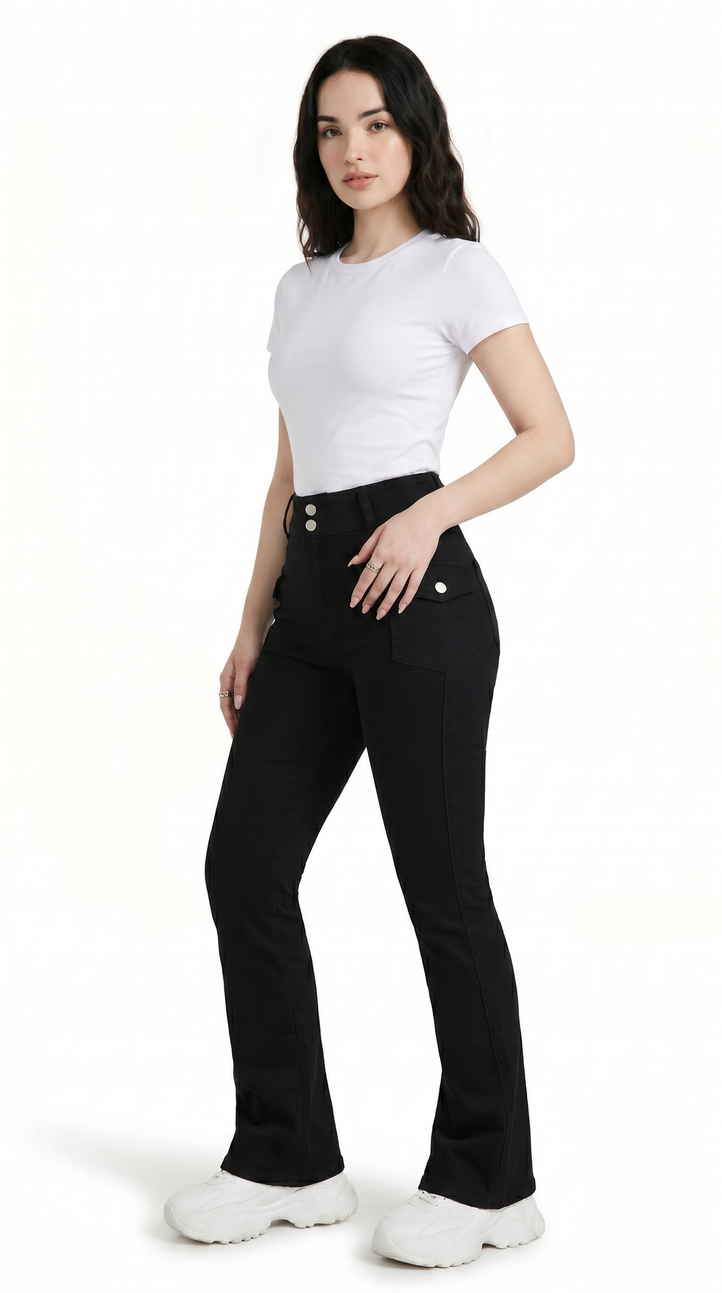 Woman wearing black pants and a white top on a white background Slim-Fit Cotton jeans from Meleche Fashion USA or Meléche (short as (Mé))