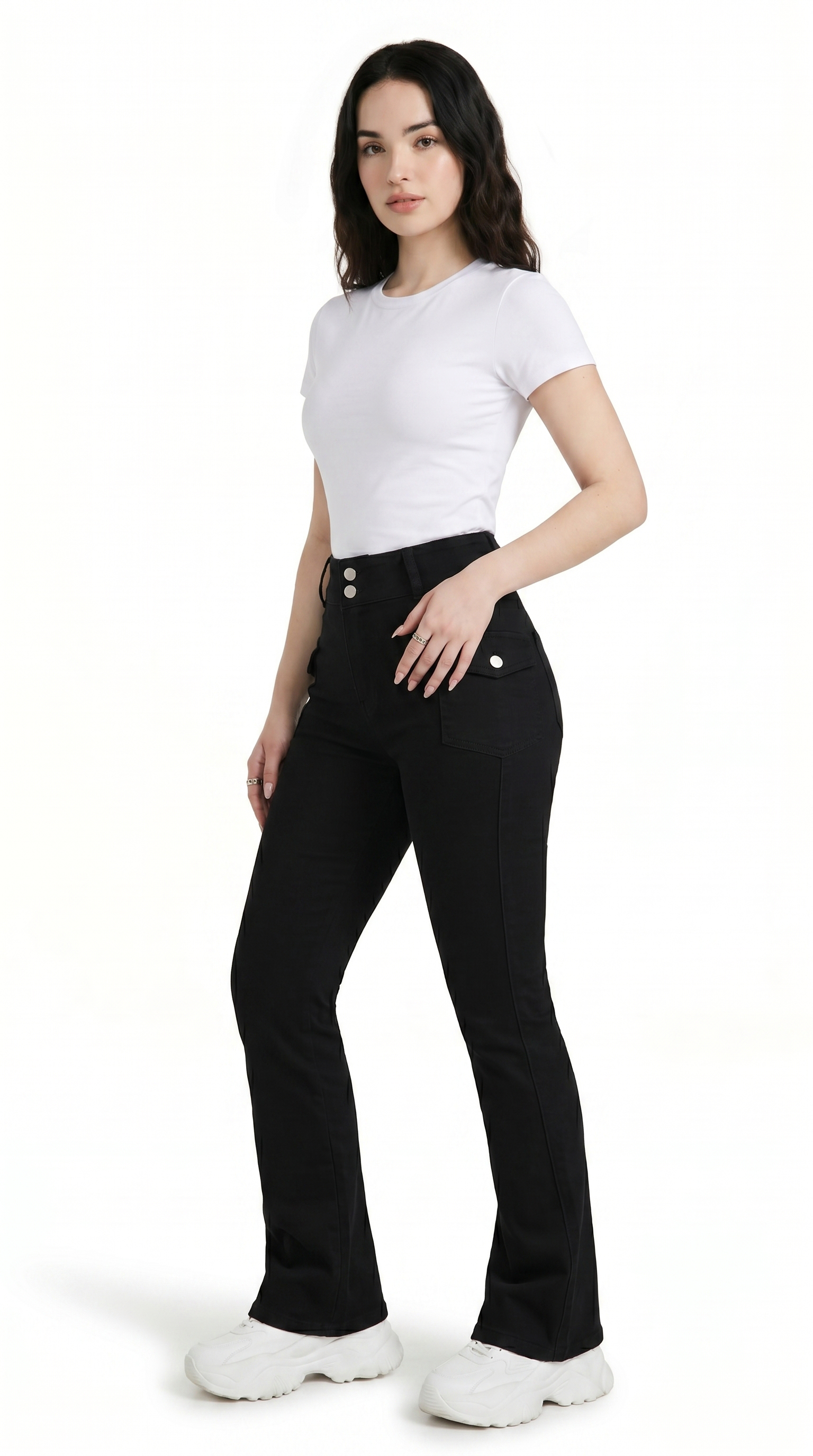 Woman wearing black pants and a white top on a white background Slim-Fit Cotton jeans from Meleche Fashion USA or Meléche (short as (Mé))