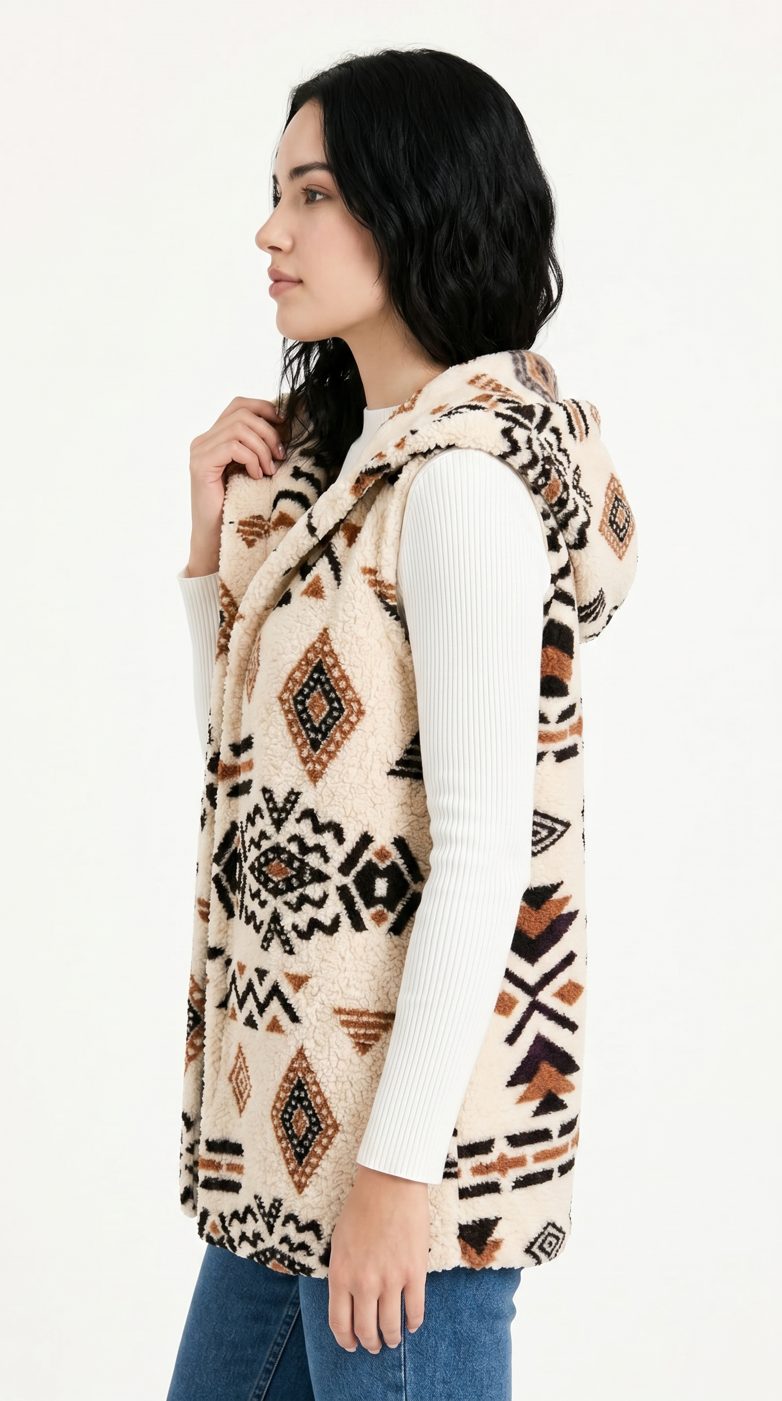 Woman wearing a patterned vest on a white background from Meleche Fashion USA or Meléche (short as (Mé))
