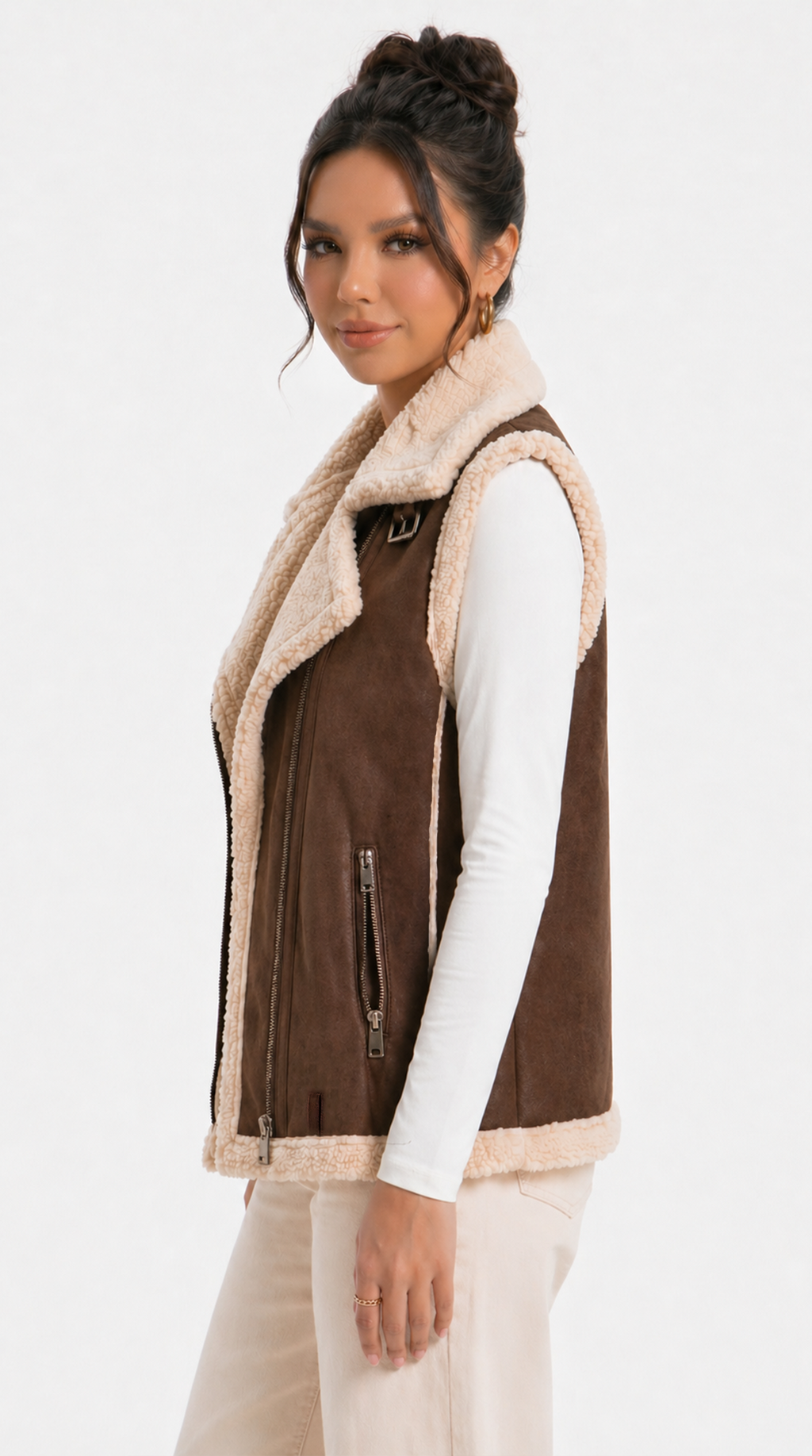 Woman wearing a brown vest with beige interior on a white background from Meleche Fashion USA or Meléche (short as (Mé))
