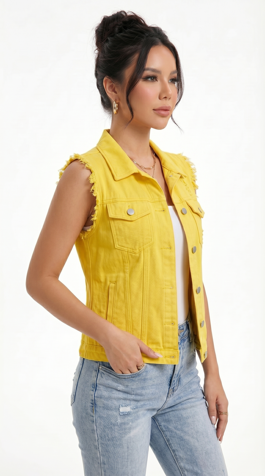 Woman wearing a yellow denim vest and blue jeans on a white background, from Meleche Fashion USA or Meléche (short as (Mé))