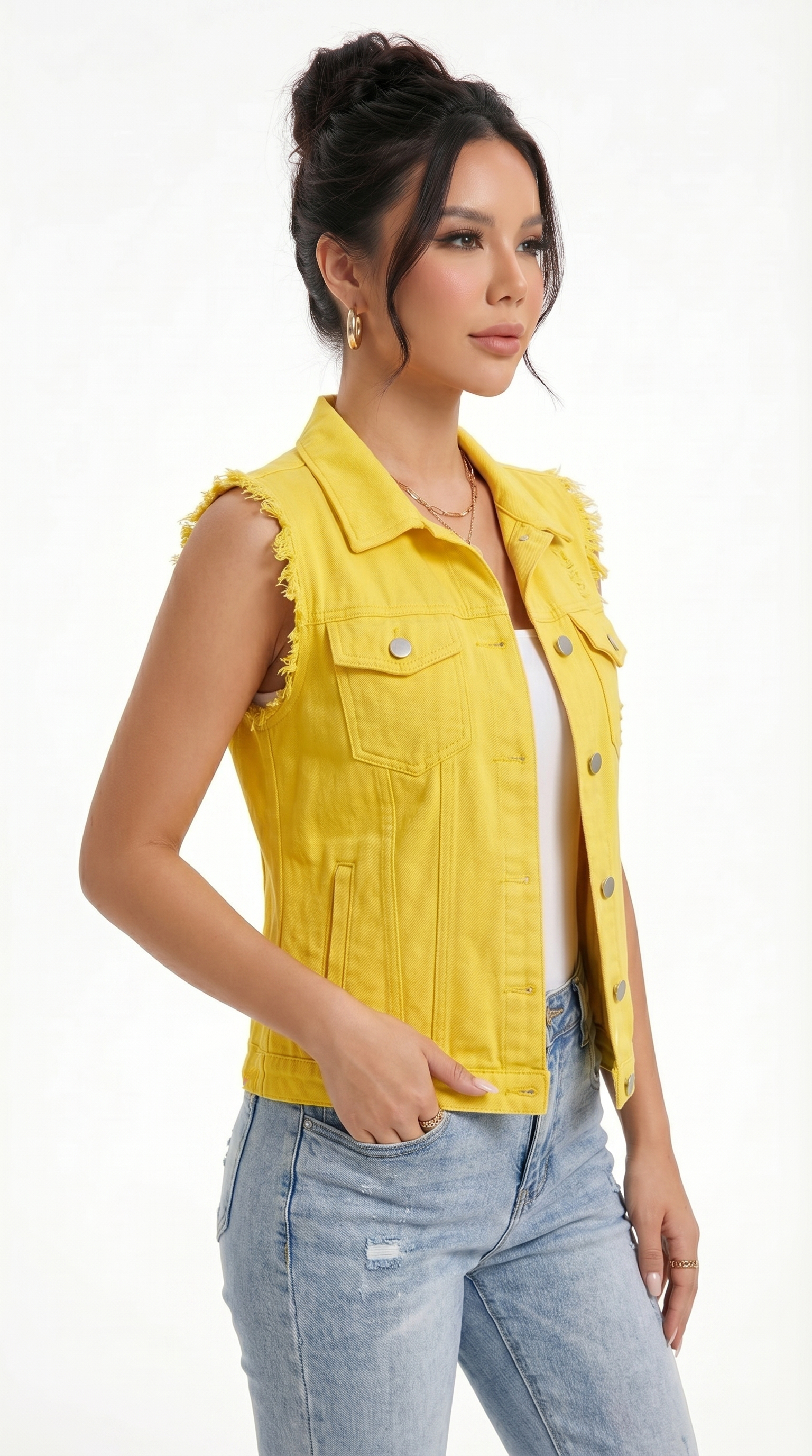 Woman wearing a yellow denim vest and blue jeans on a white background, from Meleche Fashion USA or Meléche (short as (Mé))