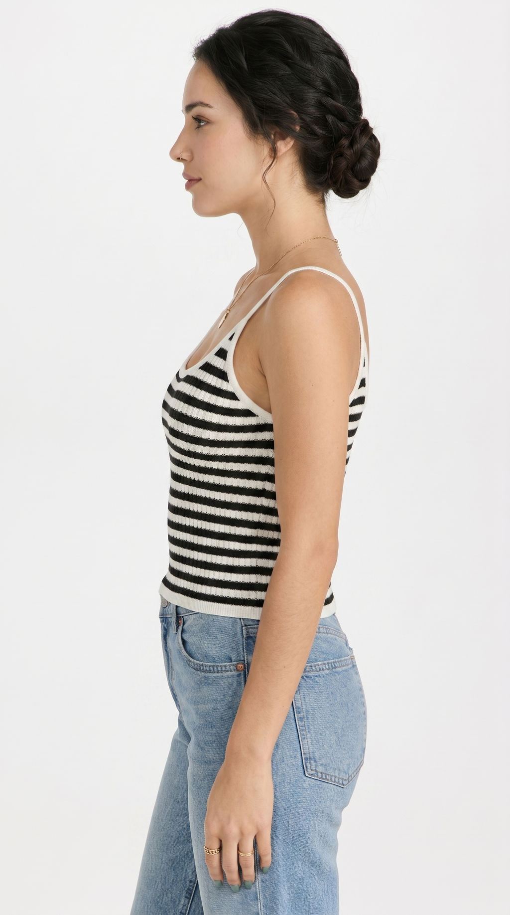 girl wearing Black and white striped tank top on a white background, from Meleche Fashion USA or Meléche (short as (Mé))