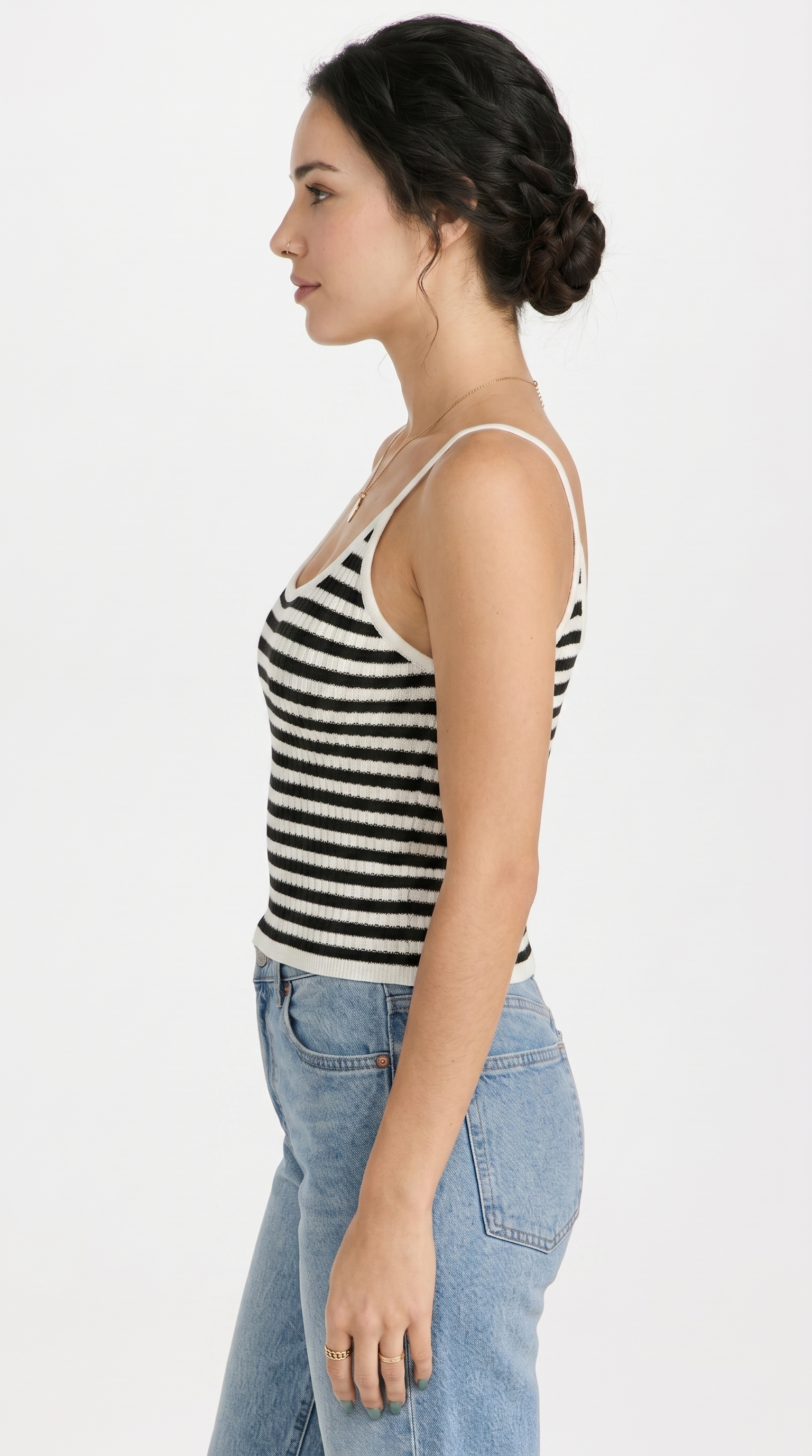 girl wearing Black and white striped tank top on a white background, from Meleche Fashion USA or Meléche (short as (Mé))