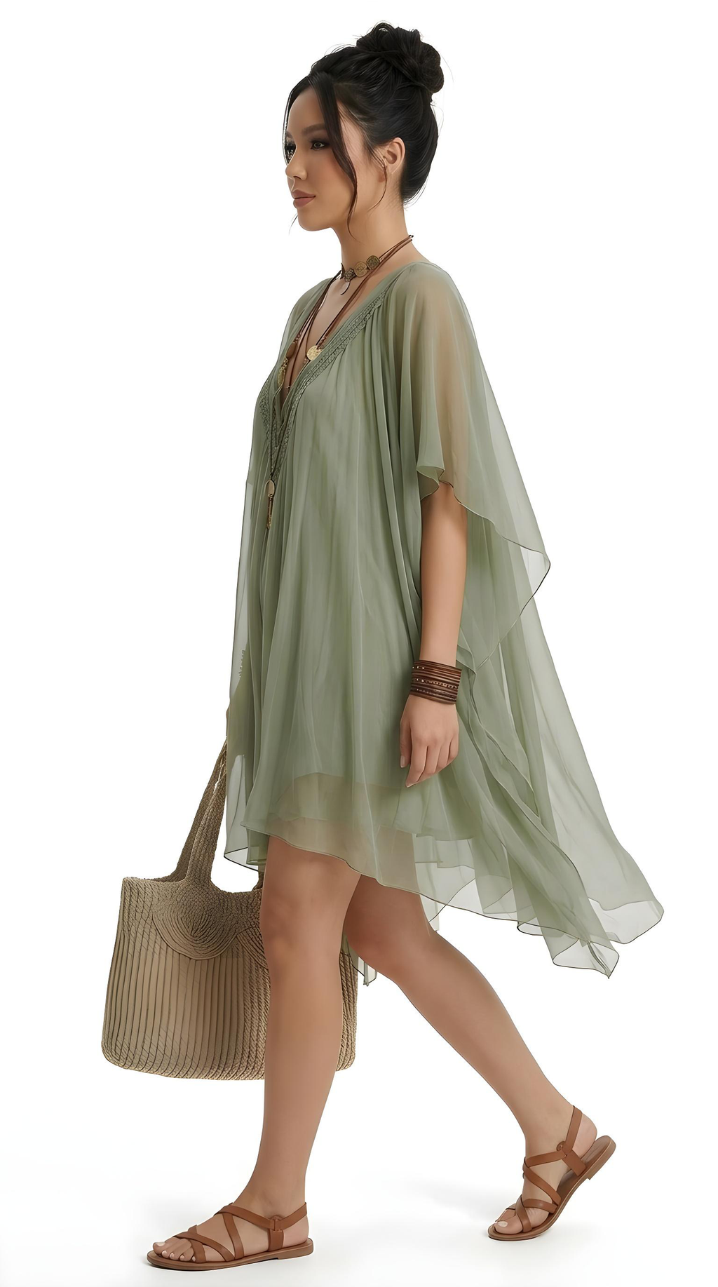 Woman wearing a green dress with a white background