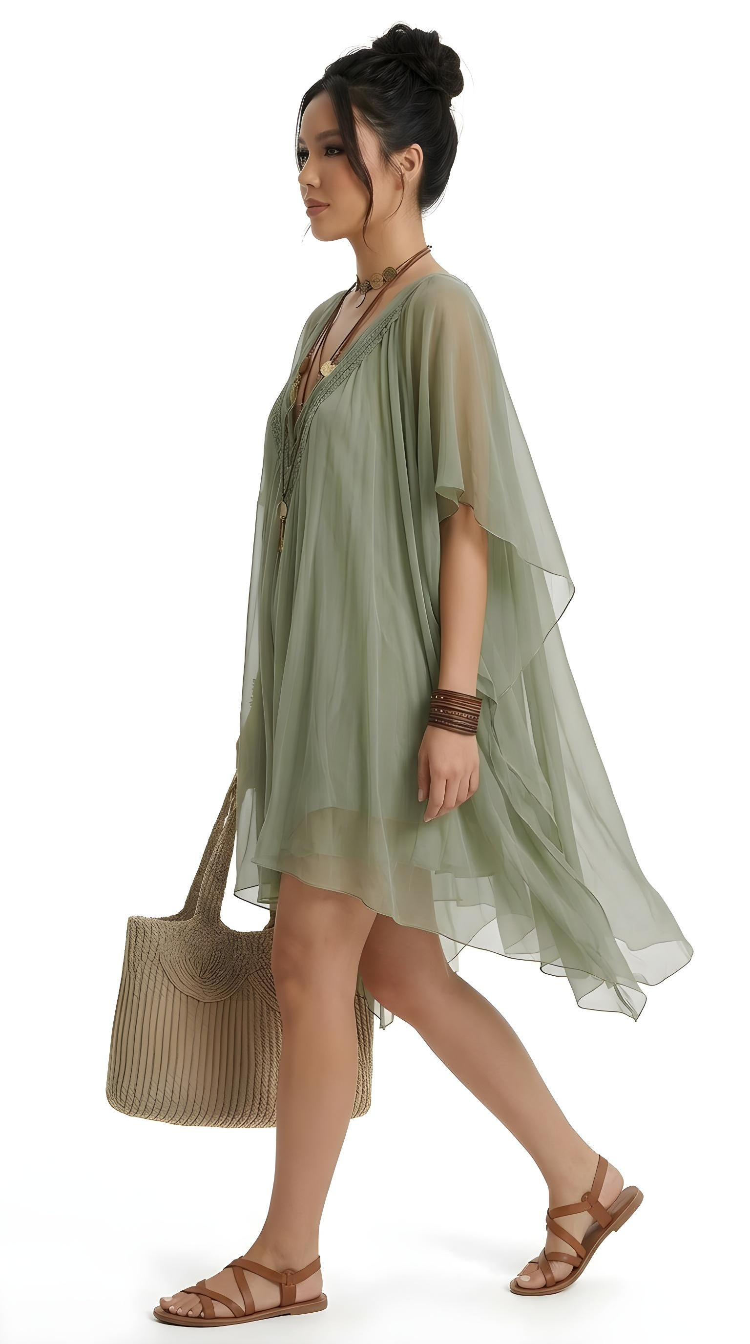 Woman wearing a green dress with a white background