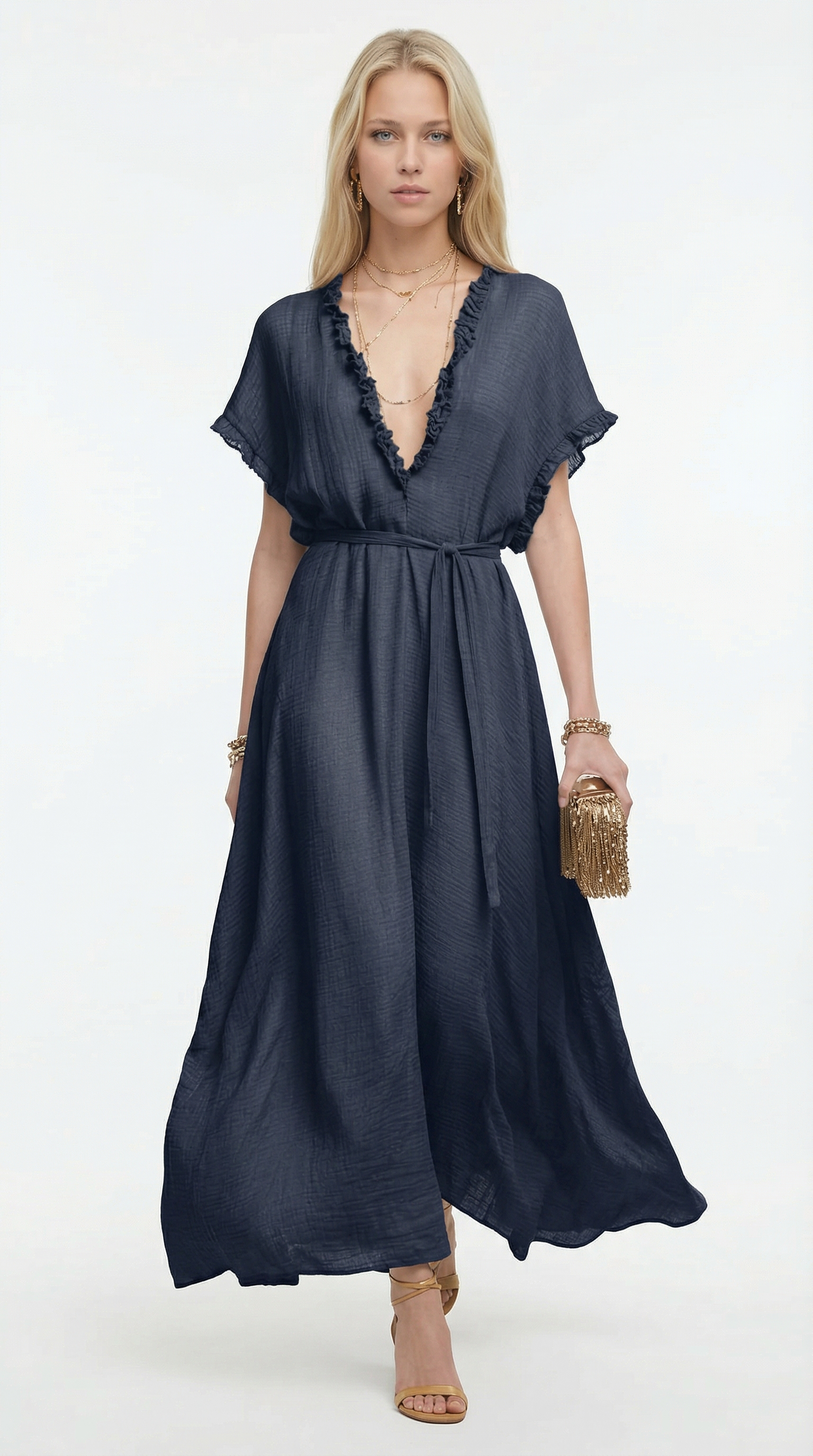 Woman wearing a white one-shoulder dress on a white background