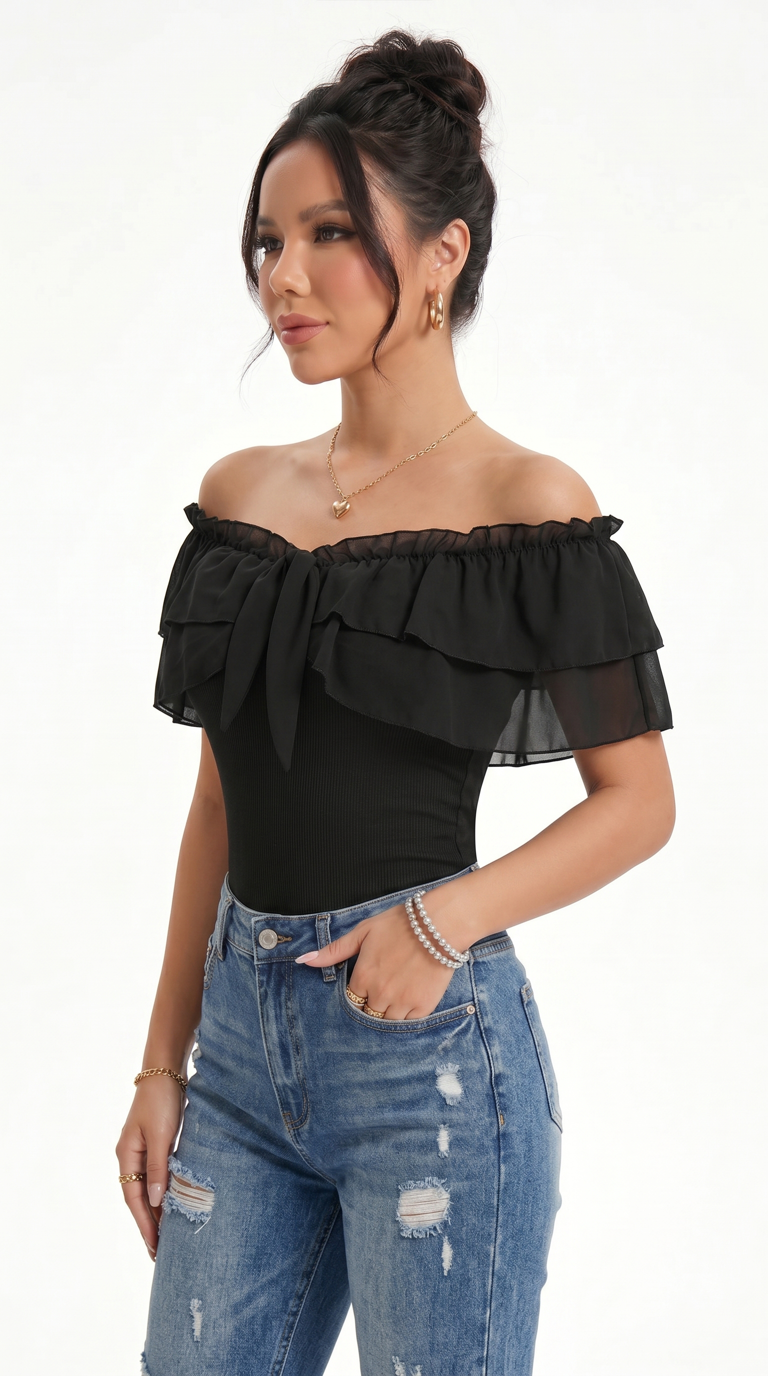 Woman wearing a black off-shoulder top and blue jeans on a white background, from Meleche Fashion USA or Meléche (short as (Mé))