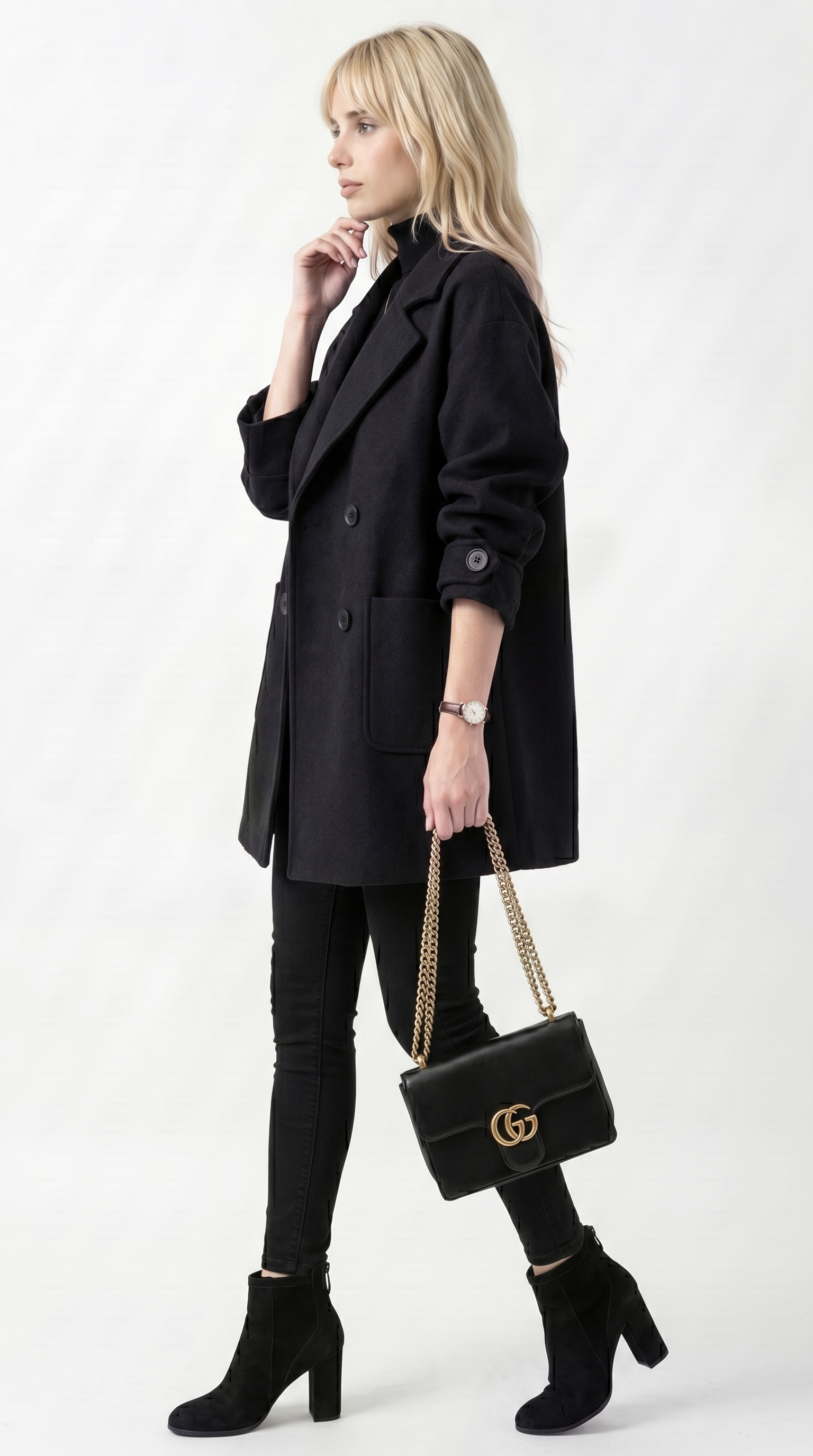 Woman wearing a black coat and holding a Gucci handbag on a white background from Meleche USA or Meléche (short as (Mé))