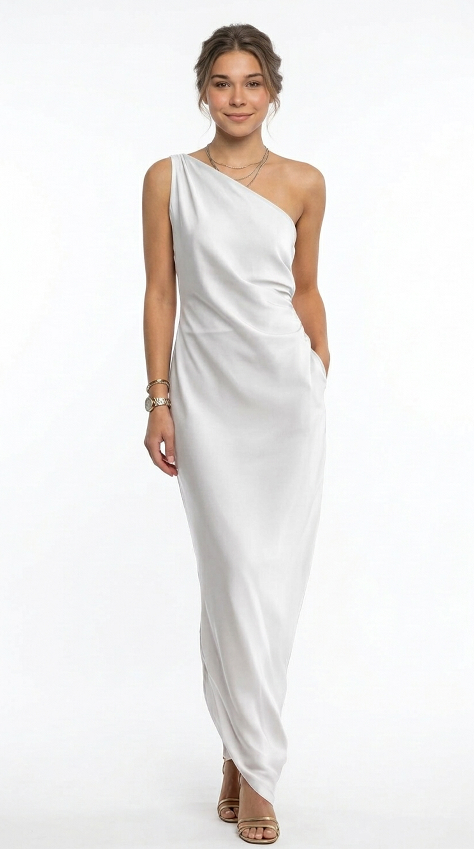 Woman wearing a green dress with a white background