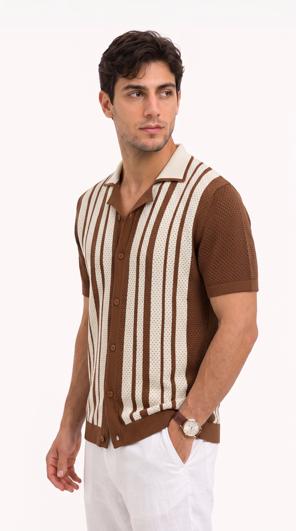 A man wearing a brown and cream vertically striped knit polo vest with textured brown sleeves, paired with white pants, against a plain white background, from Meleche Fashion USA or Meléche (short as (Mé))
