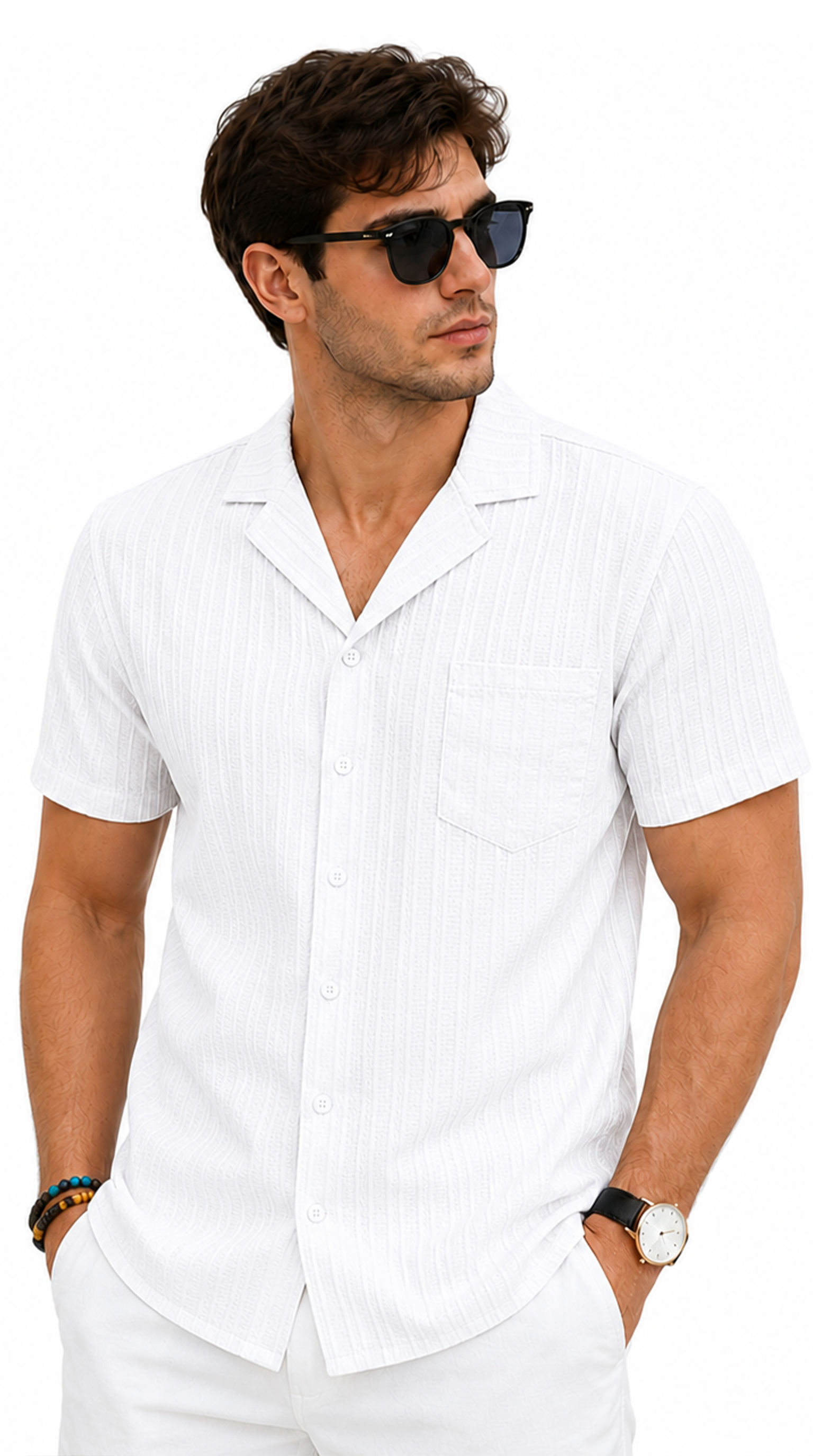 Man wearing a white short-sleeve shirt and sunglasses on a white background, Tristan shirt 2027 from Meleche Fashion USA or Meléche (short as (Mé))