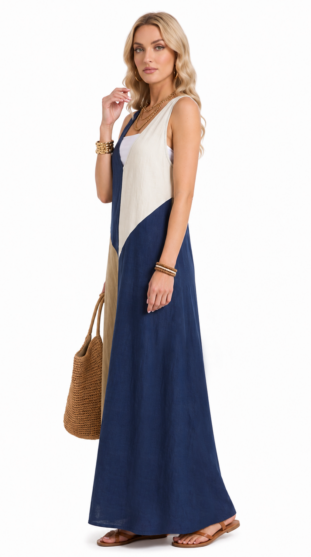 Woman wearing a blue and white dress holding a woven bag on a white background, from Meleche Fashion USA or Meléche (short as (Mé))
