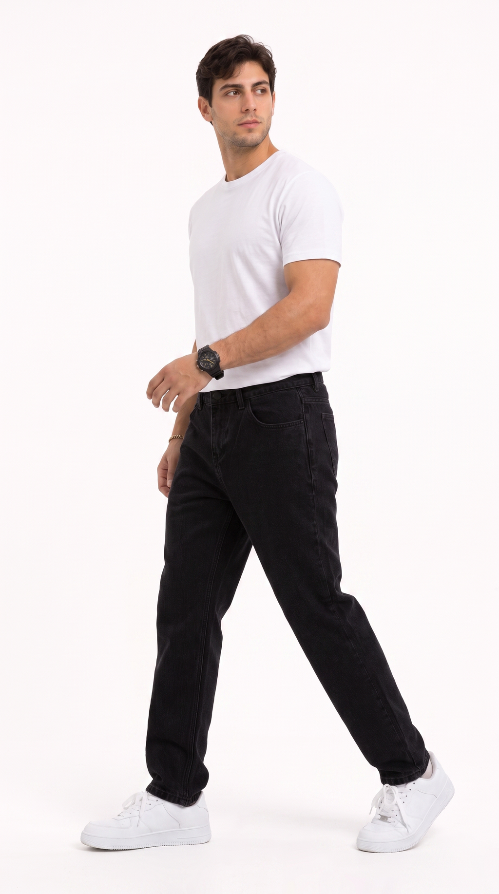 A man modeling a white crew-neck t-shirt and black straight-leg jeans, paired with white sneakers, against a solid white studio background, from Meleche Fashion USA or Meléche (short as (Mé))