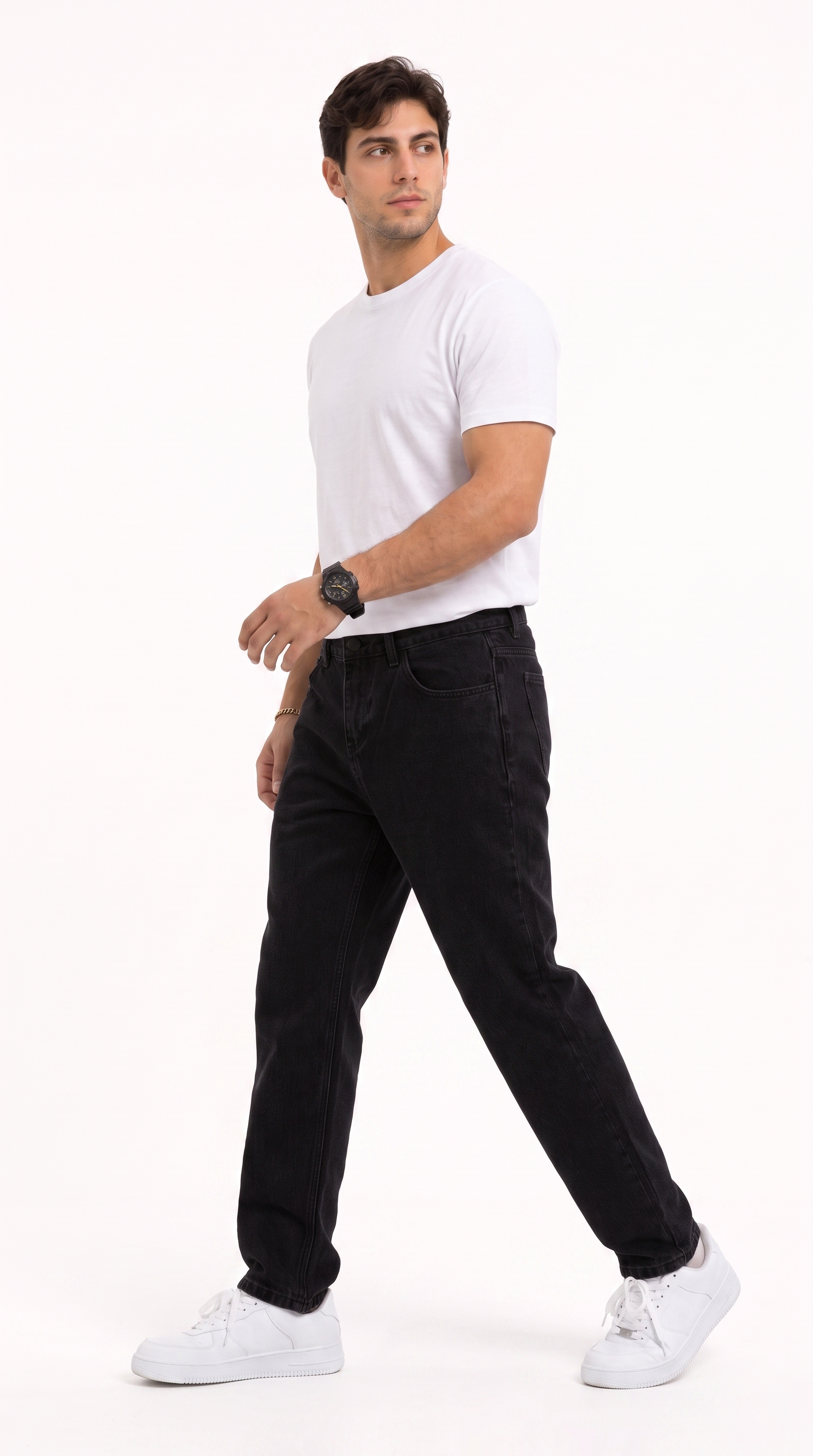 A man modeling a white crew-neck t-shirt and black straight-leg jeans, paired with white sneakers, against a solid white studio background, from Meleche Fashion USA or Meléche (short as (Mé))