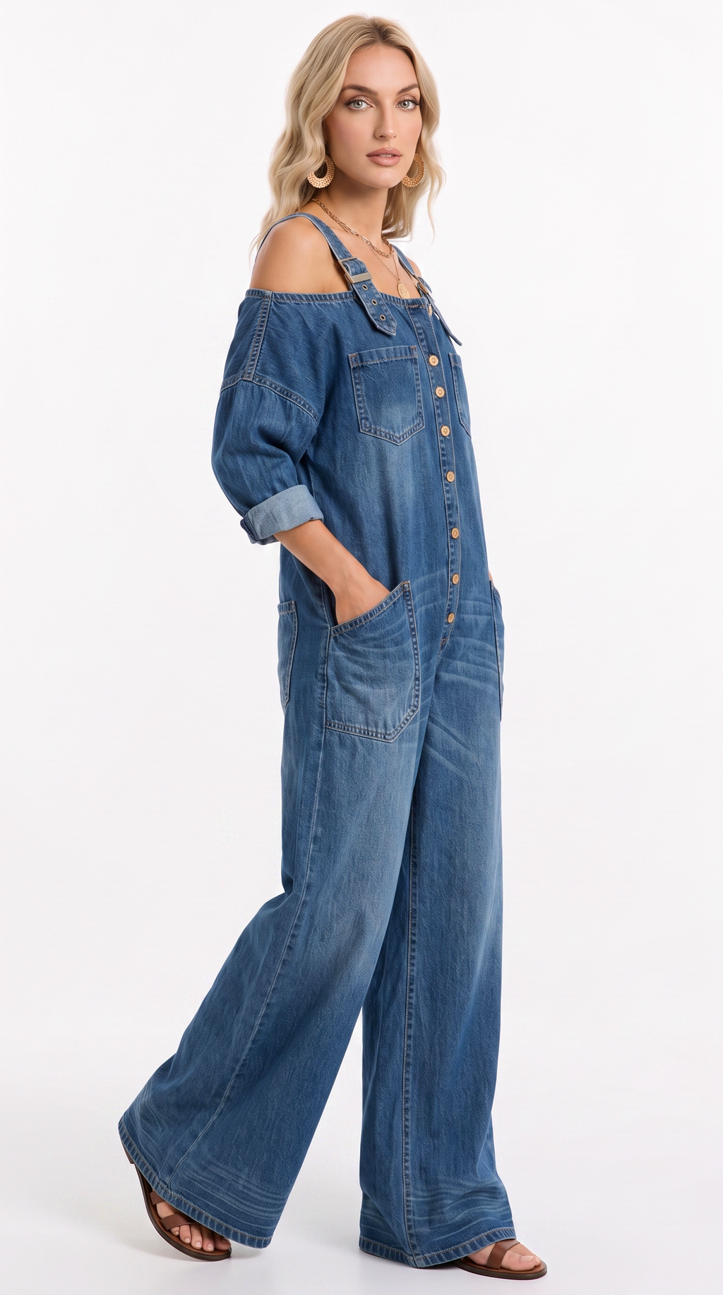 A woman modeling a blue denim overall jumpsuit with wide legs, off-the-shoulder puff sleeves, and a button-front bib, photographed against a plain white studio background, from Meleche Fashion USA or Meléche (short as (Mé))