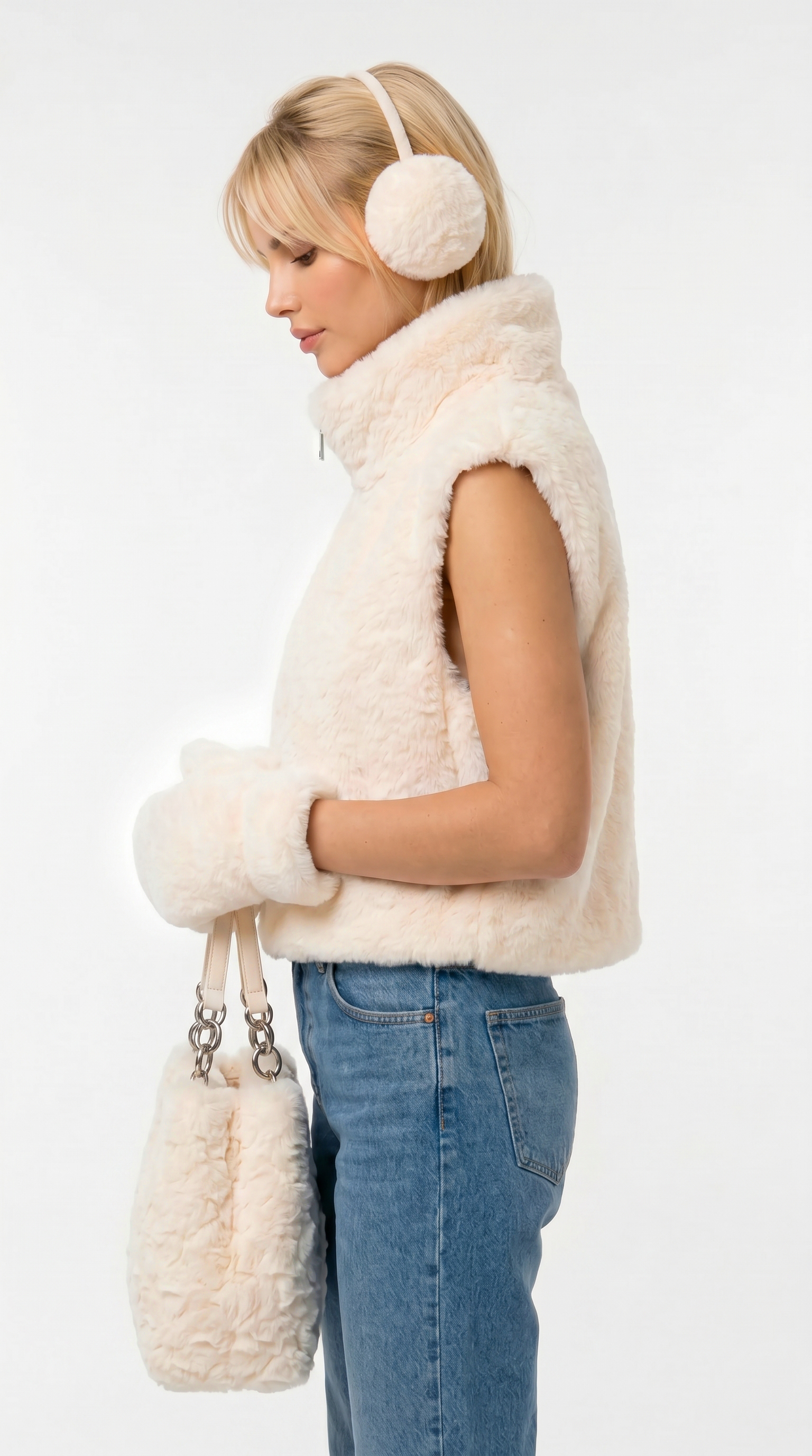 Woman wearing a cream fur vest, jeans, and white ear muffs with a matching handbag on a white background from Meleche Fashion USA or Meléche (short as (Mé))