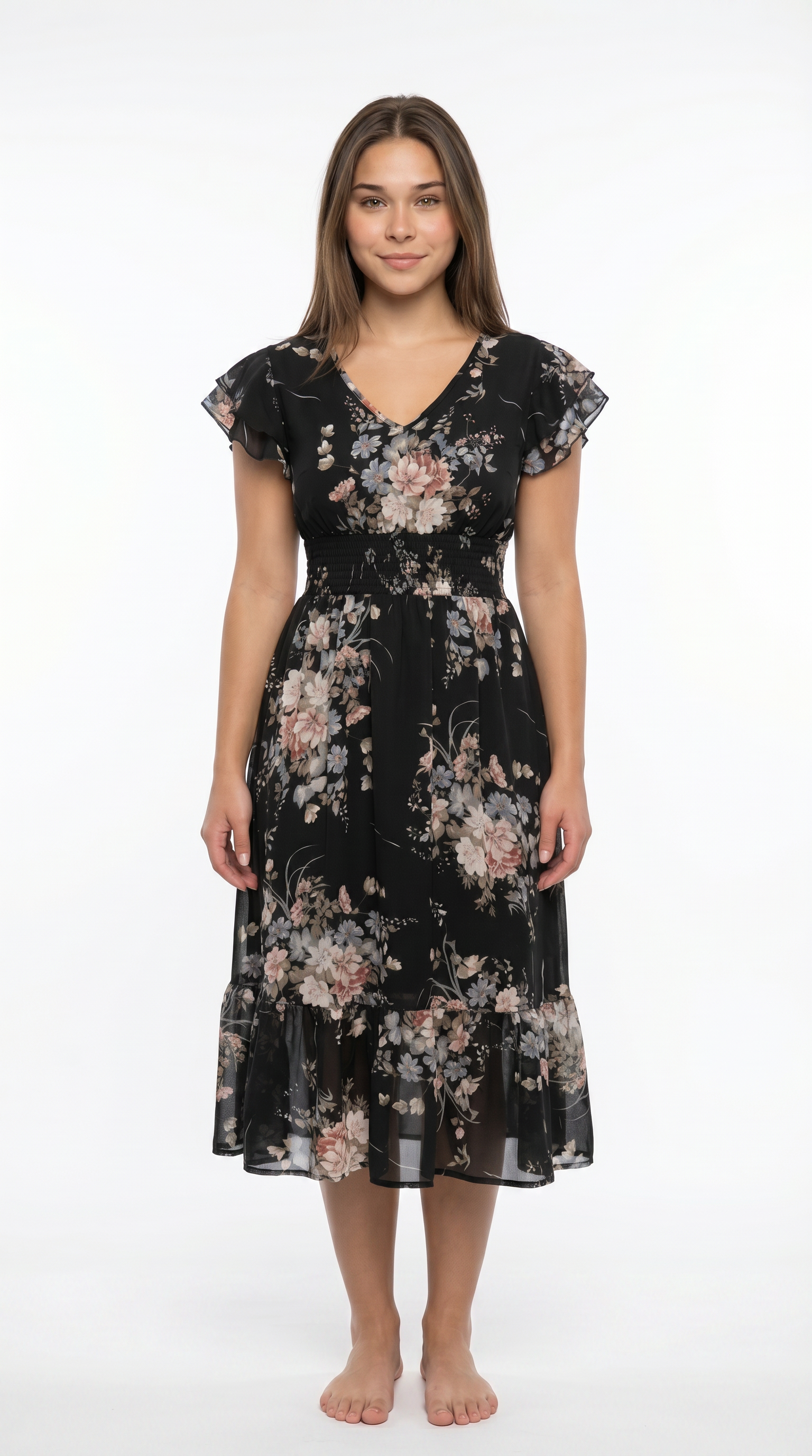Woman wearing a black floral dress on a white background