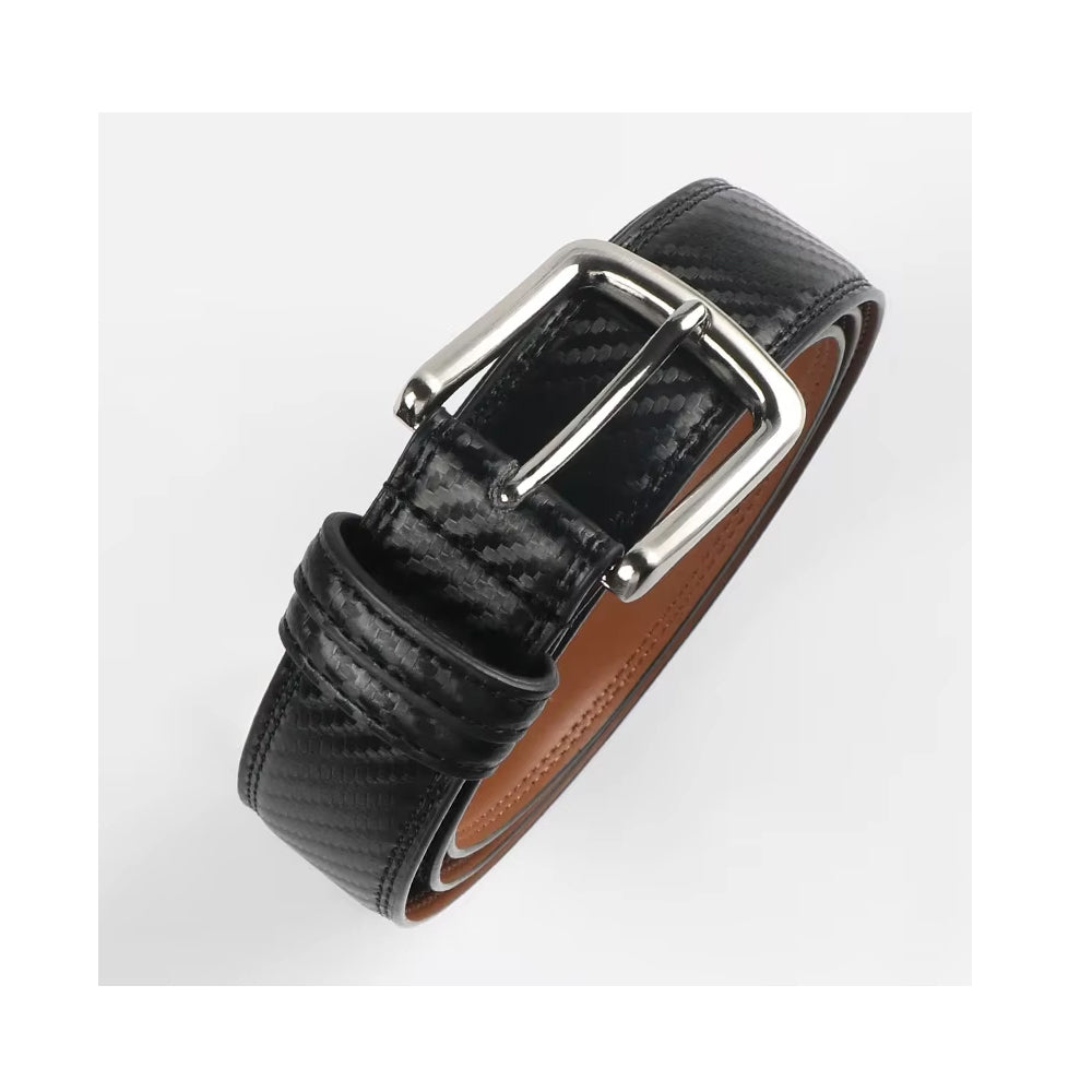 Black leather belt with a silver buckle from Meleche or Meléche (short as (Mé))