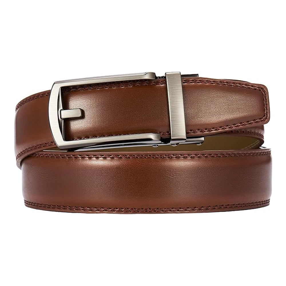 Brown leather belt with silver buckle from Meleche or Meléche (short as (Mé))