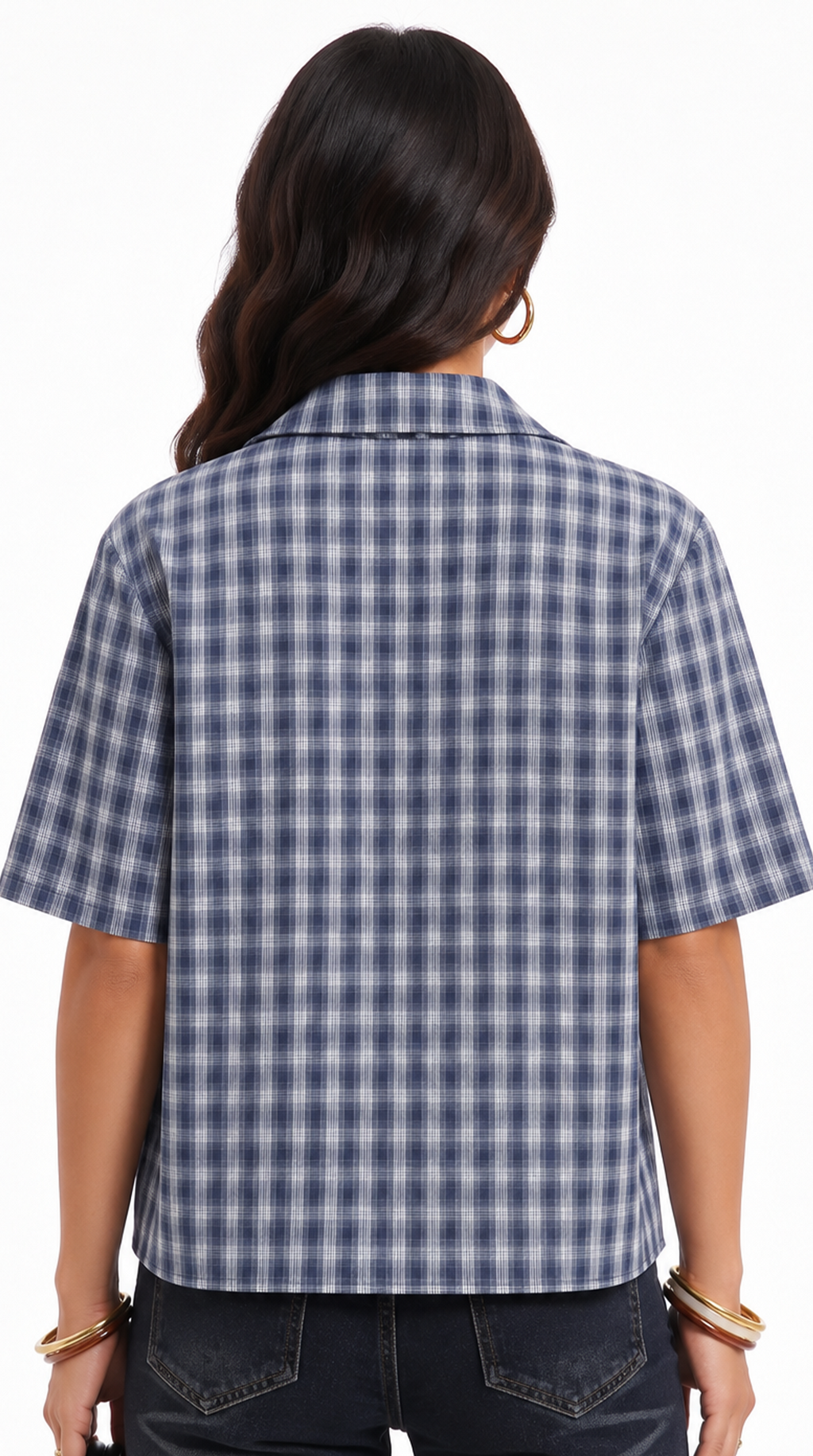 Person wearing a blue and white checkered shirt on a white background, from Meleche Fashion USA or Meléche (short as (Mé))