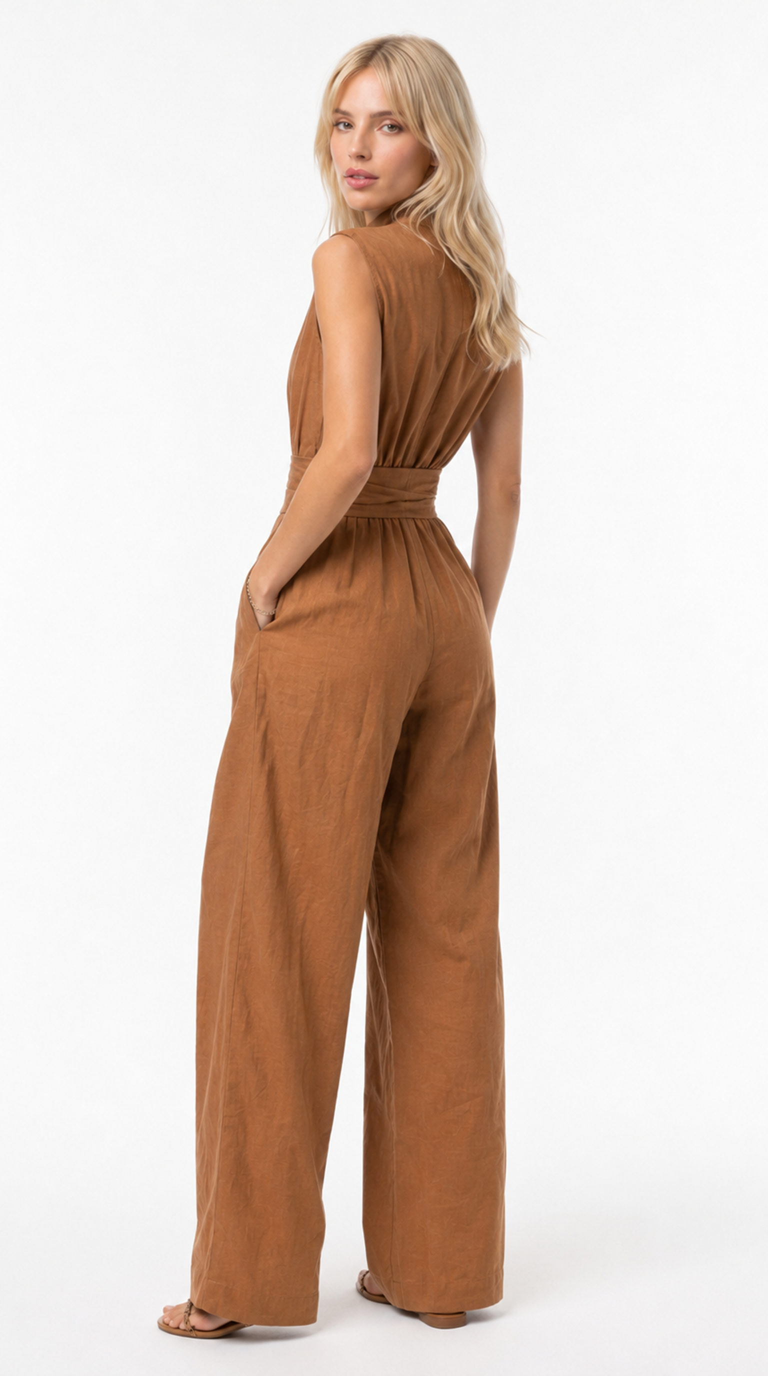 A woman modeling a sleeveless, wide-leg jumpsuit in a warm camel brown color, photographed from the back against a plain white studio background, from Meleche Fashion USA or Meléche (short as (Mé))