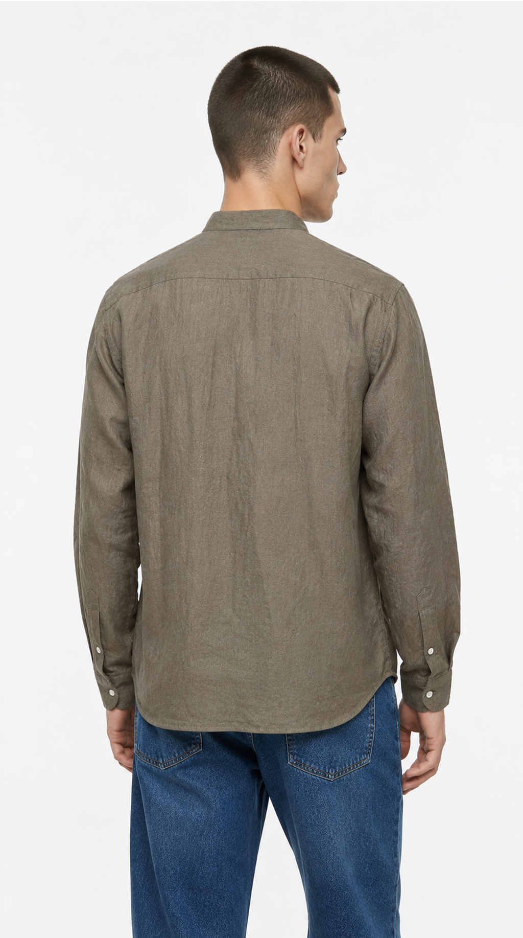 Man wearing a brown shirt and blue jeans on a white background, from Meleche Fashion USA or Meléche (short as (Mé))