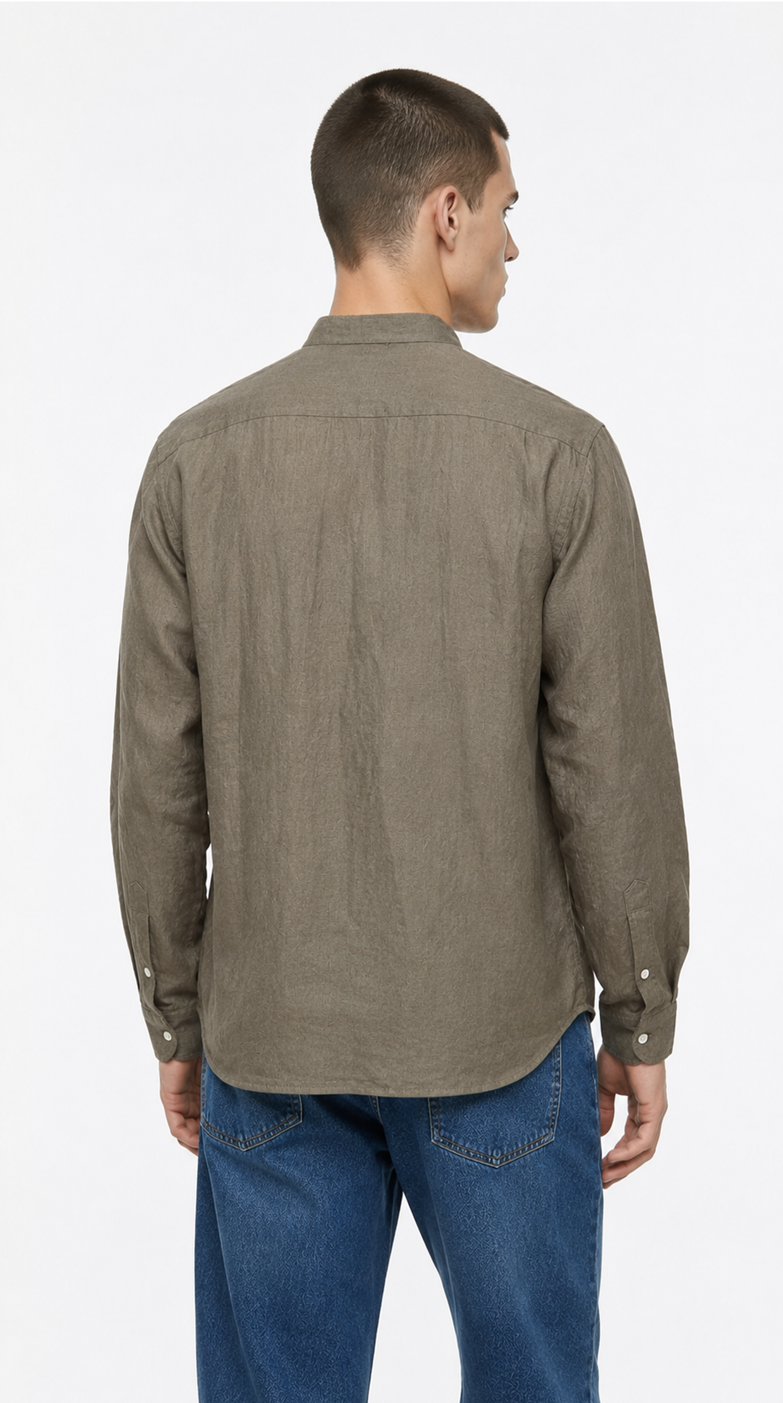 Man wearing a brown shirt and blue jeans on a white background, from Meleche Fashion USA or Meléche (short as (Mé))