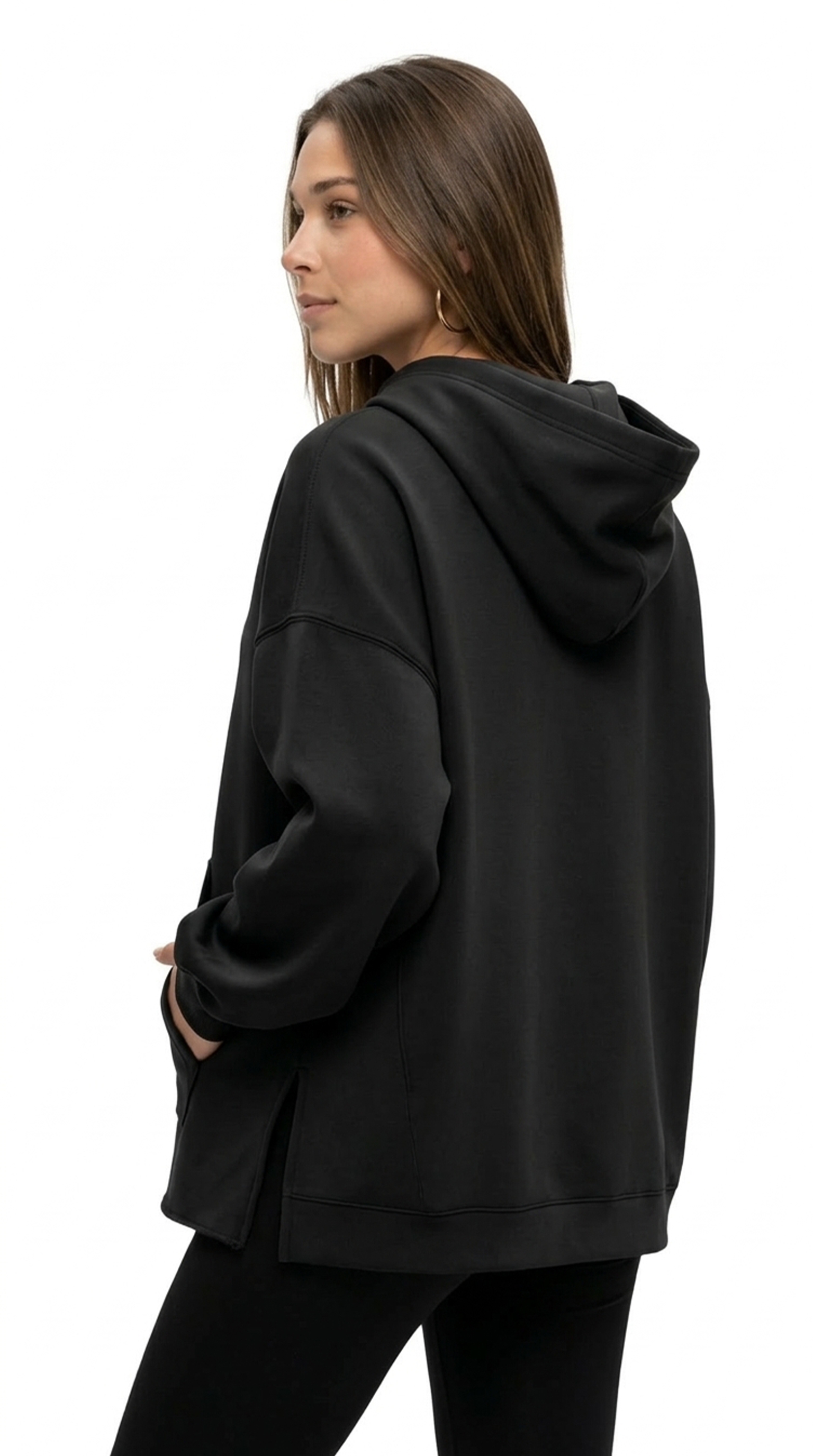 Woman wearing a black hoodie from Meleche or Meléche (short as (Mé))
