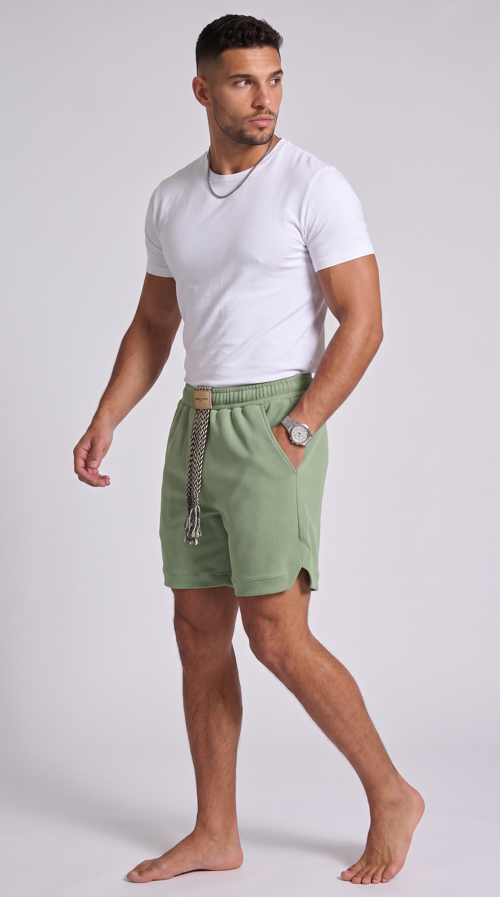 A man modeling sage green athletic shorts with a drawstring and side pockets, paired with a white t-shirt, against a light gray studio background, from Meleche Fashion USA or Meléche (short as (Mé))