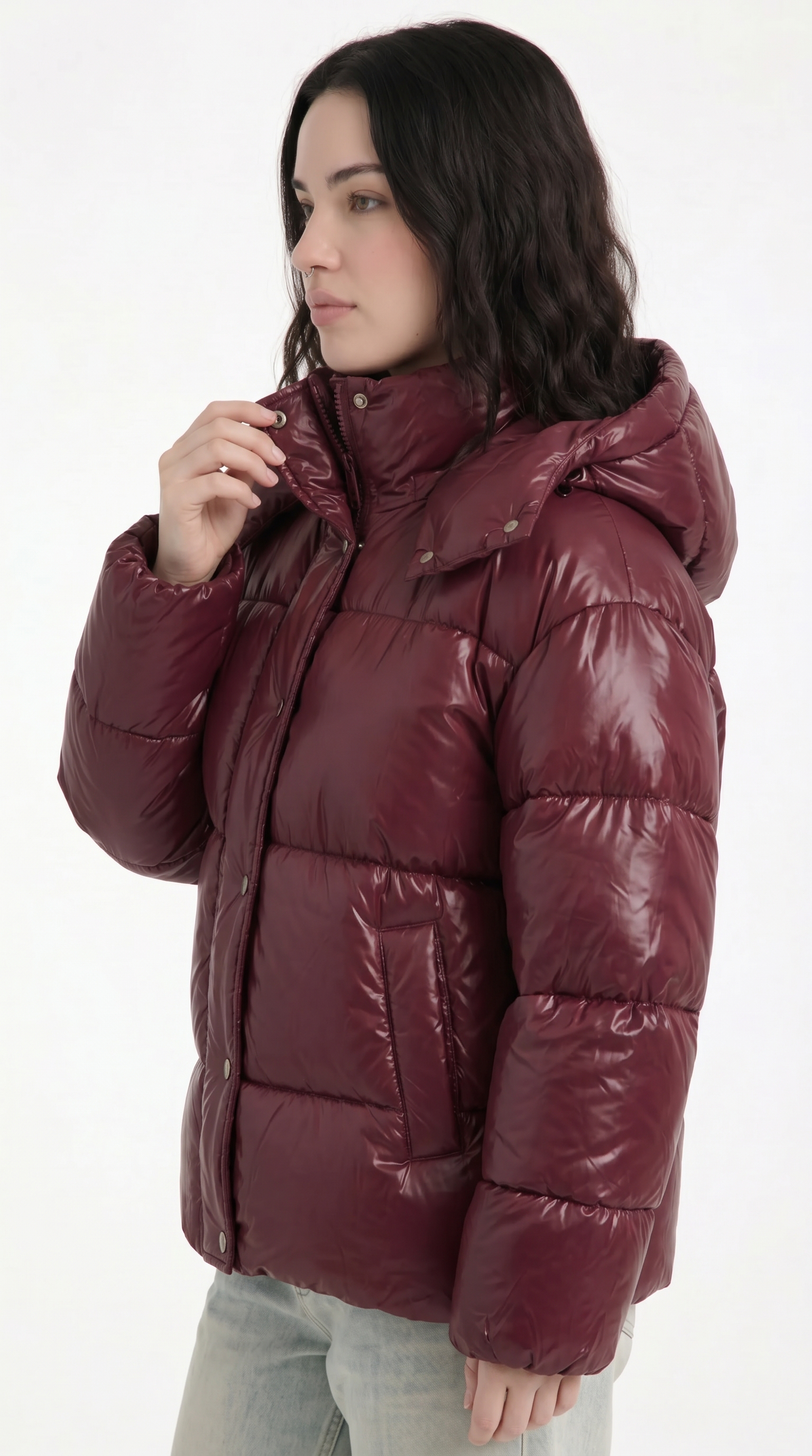 Woman wearing a beige coat with a fur-lined hood on a white background from Meleche Fashion USA or Meléche (short as (Mé))