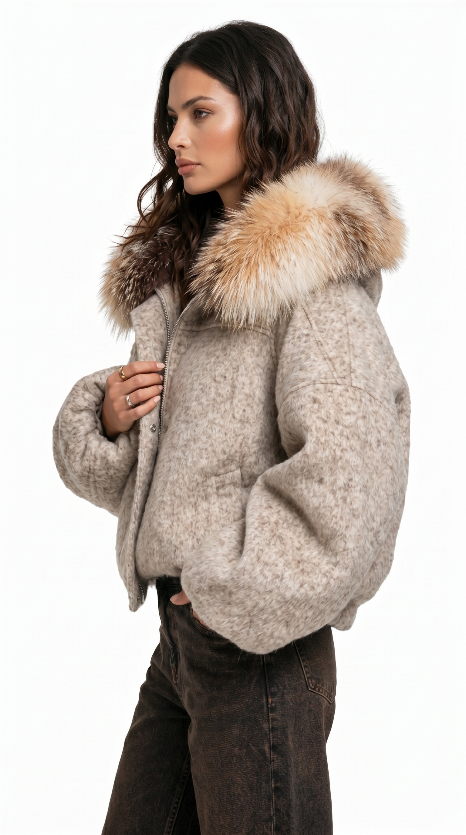 Woman wearing a fluffy gray coat on a white background from Meleche Fashion USA or Meléche (short as (Mé))