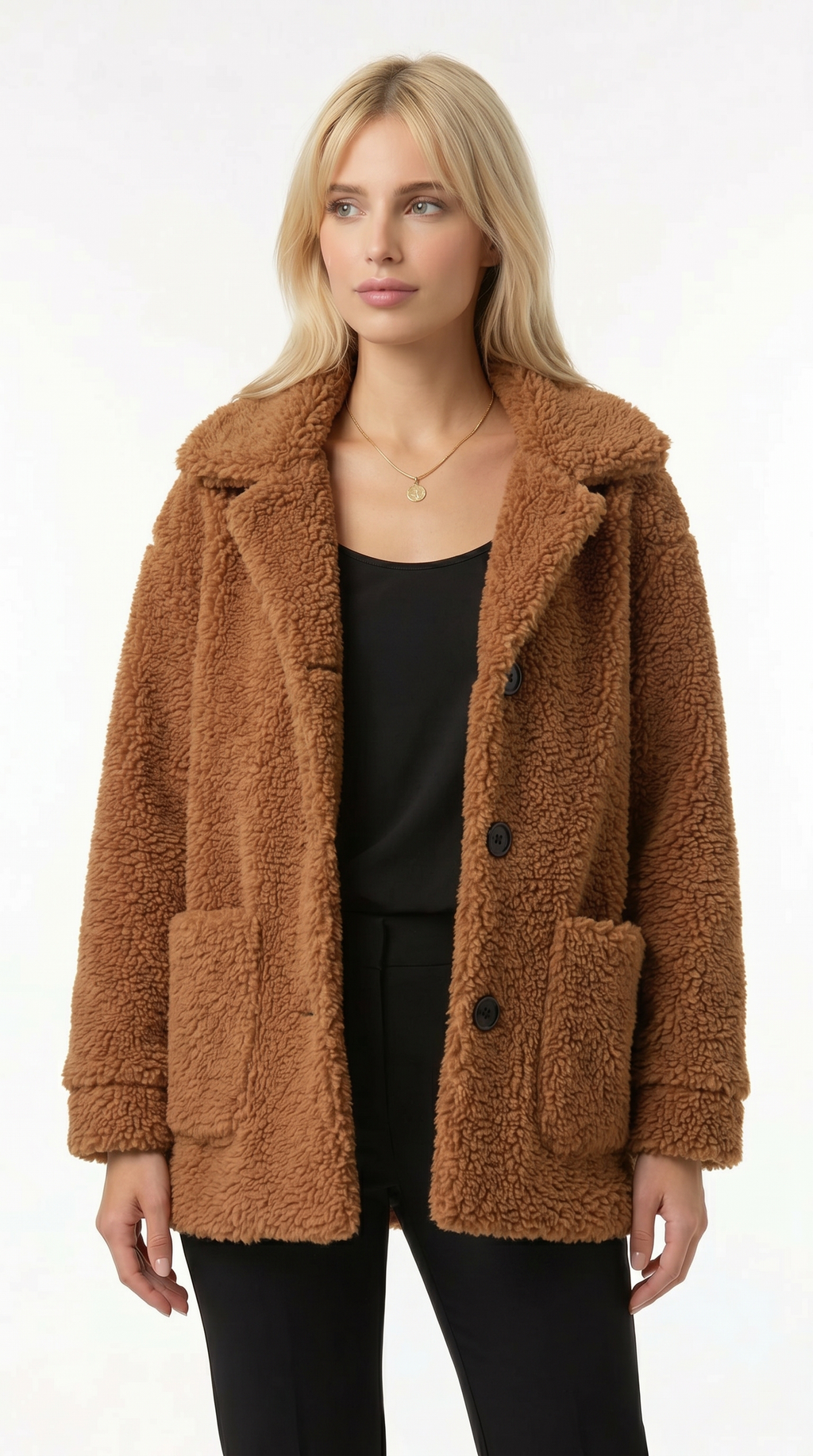 Person wearing a blue puffer coat on a white background from Meleche Fashion USA or Meléche (short as (Mé))