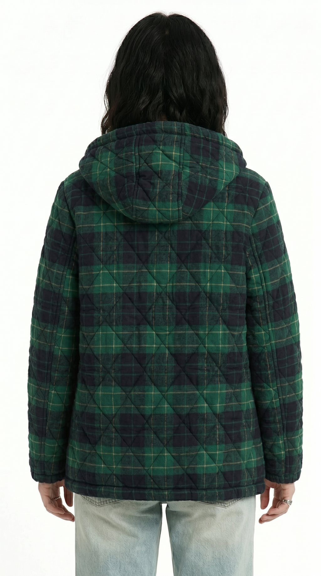 Person wearing a green and black plaid jacket with a hood on a white background from Meleche or Meléche USA (short as (Mé))