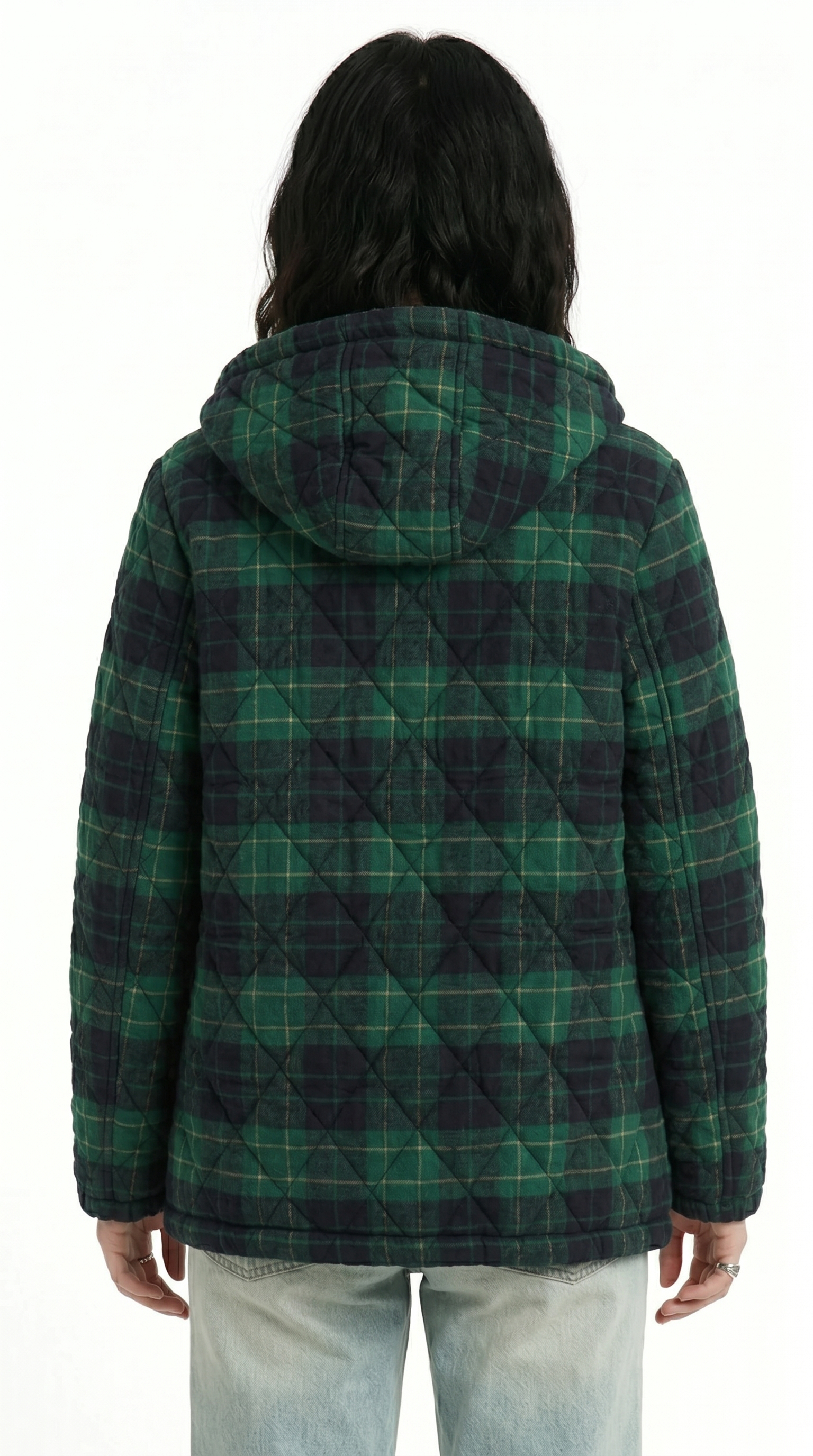 Person wearing a green and black plaid jacket with a hood on a white background from Meleche or Meléche USA (short as (Mé))