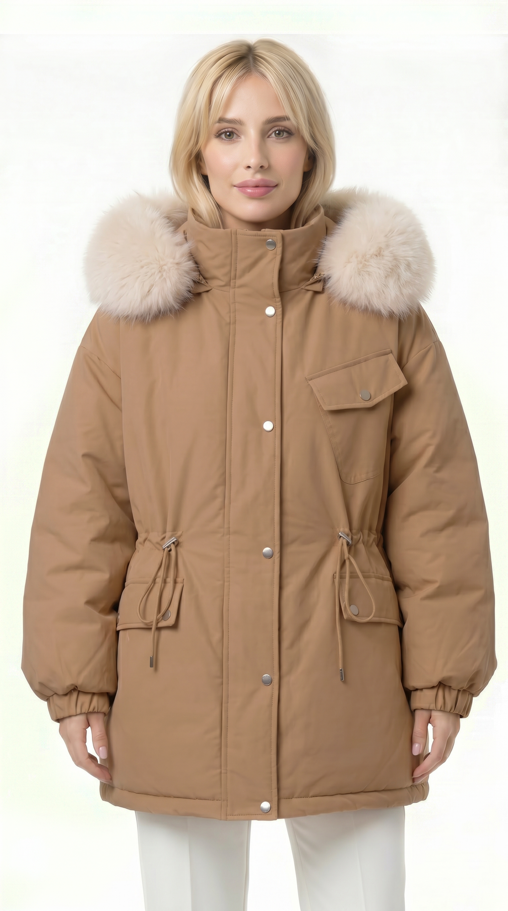 Woman wearing a tan parka with fur hood on a white background from Meleche or Meléche USA (short as (Mé))