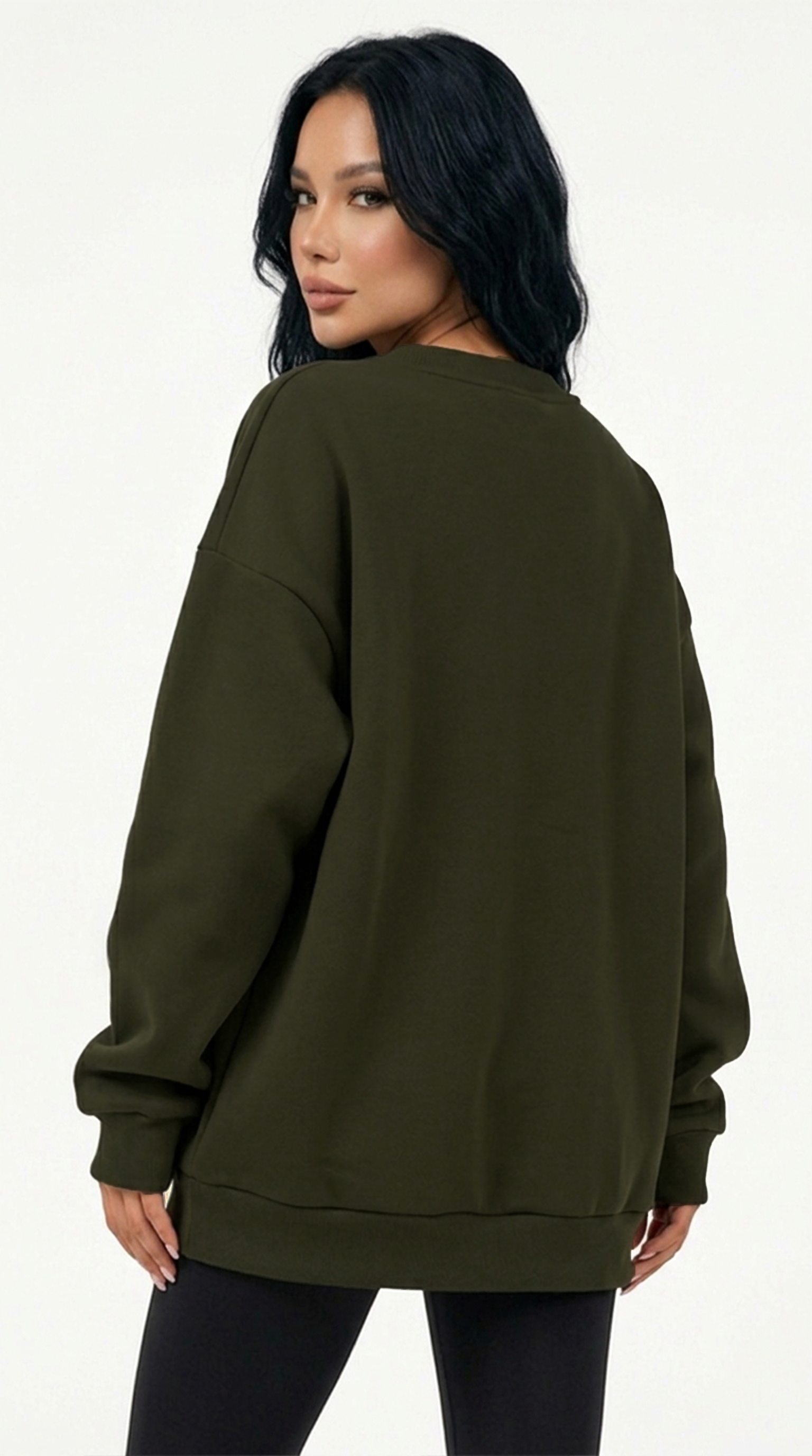 Woman wearing an olive green sweatshirt on a white background from Meleche Fashion USA or Meléche (short as (Mé))